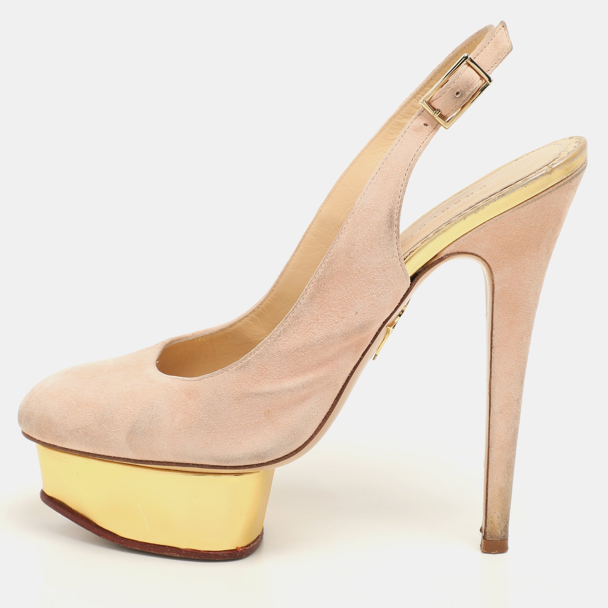 Charlotte Olympia Beige Suede Dolly Slingback Platform Pumps Size 38