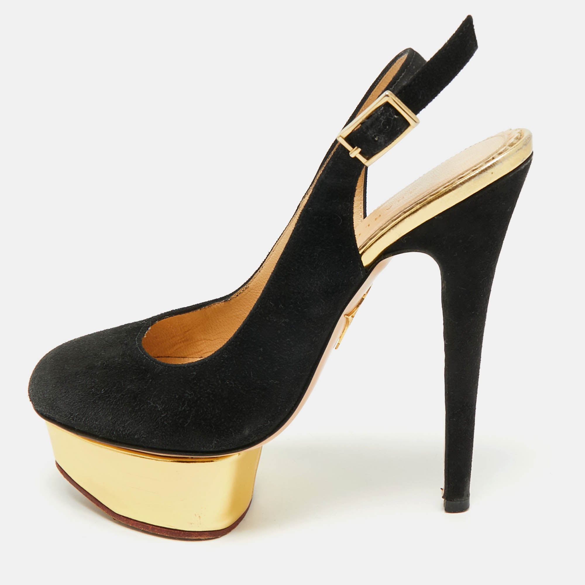 Charlotte Olympia Black Suede Dolly Platform Slingback Pumps Size 35