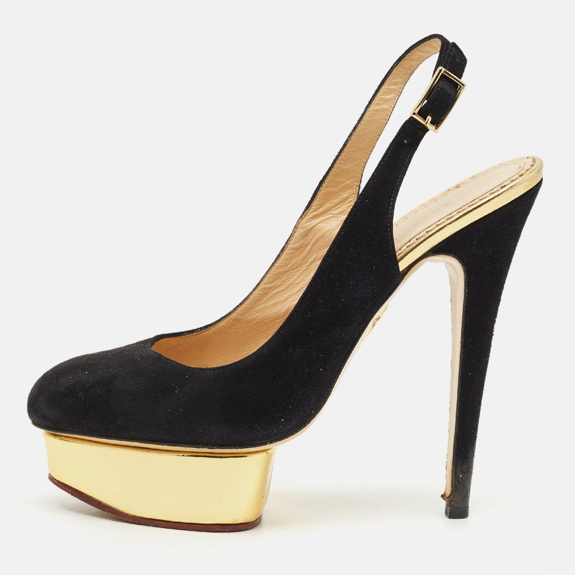Charlotte Olympia Black Suede Dolly Platform Slingback Pumps Size 39
