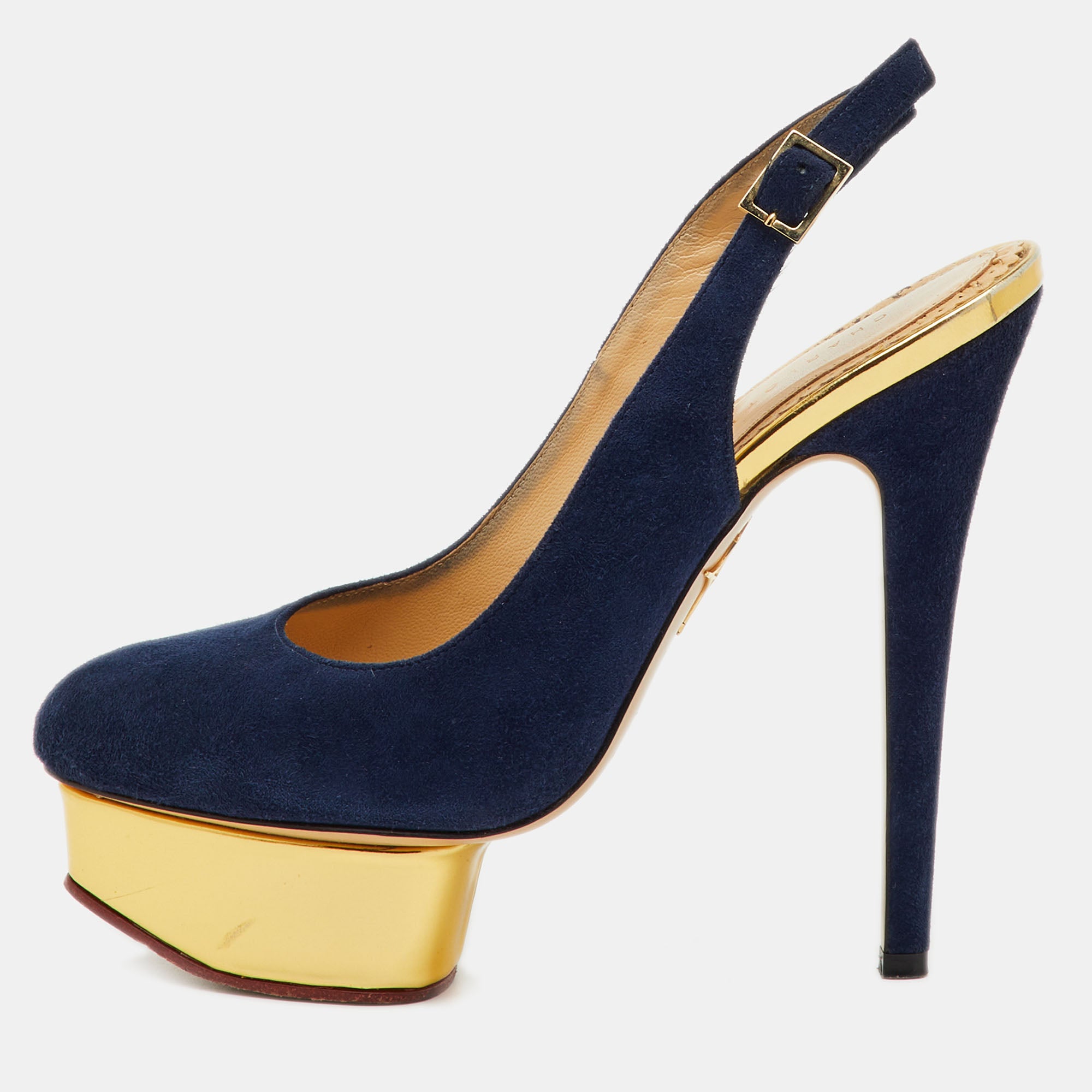 Charlotte Olympia Blue Suede Dolly Slingback Platform Pumps Size 36.5