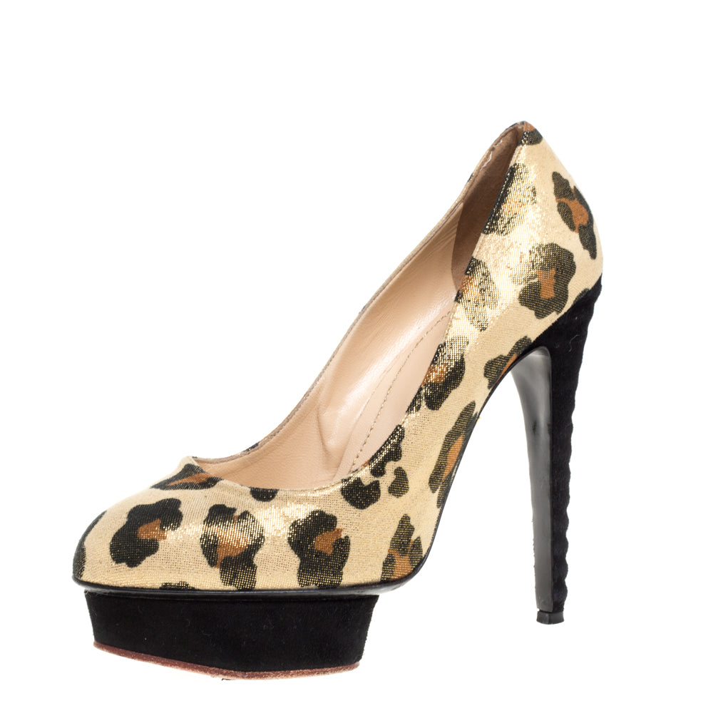 Charlotte Olympia Yellow Glitter Suede Leopard Print Platform Pumps Size 39