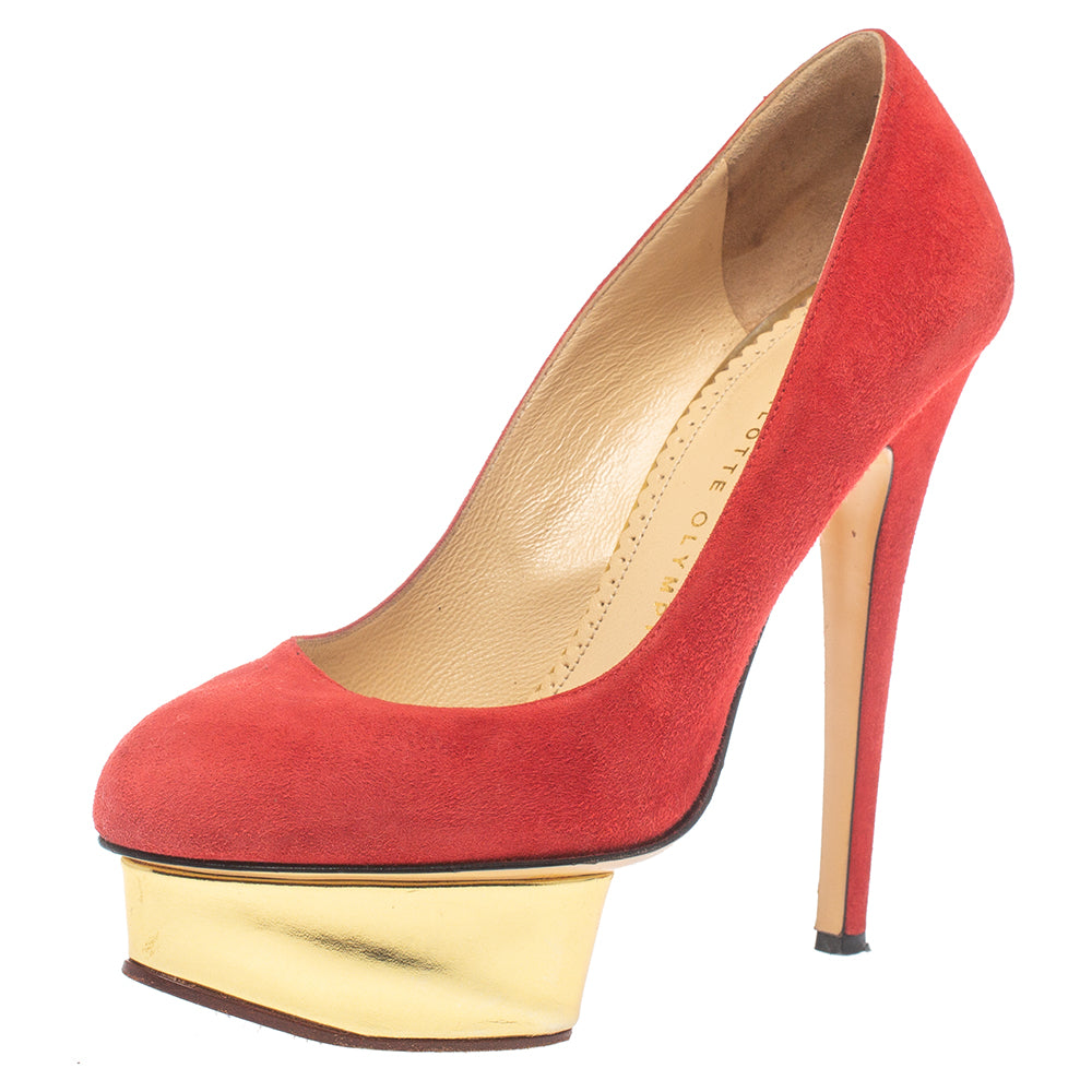 Charlotte Olympia Red Suede Leather Dolly Platform Pumps Size 37.5