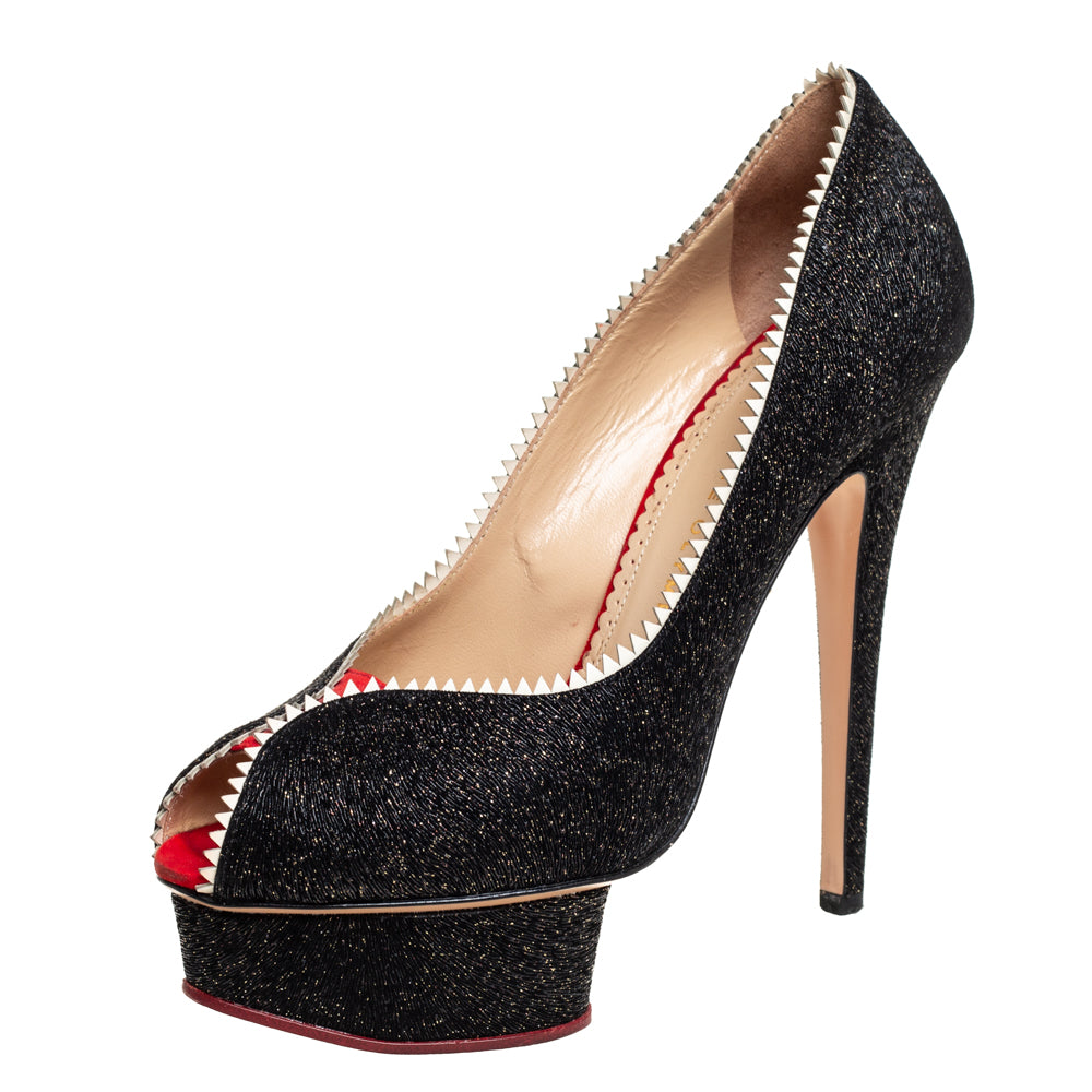 Charlotte Olympia Black Glitter And Patent Leather Scalloped Trim Peep Toe Platform Pumps Size 37.5