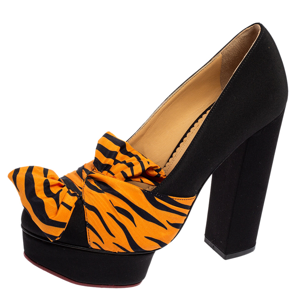Charlotte Olympia Black-Orange Zebra Print Satin Dolly Bow Pumps Size 37.5