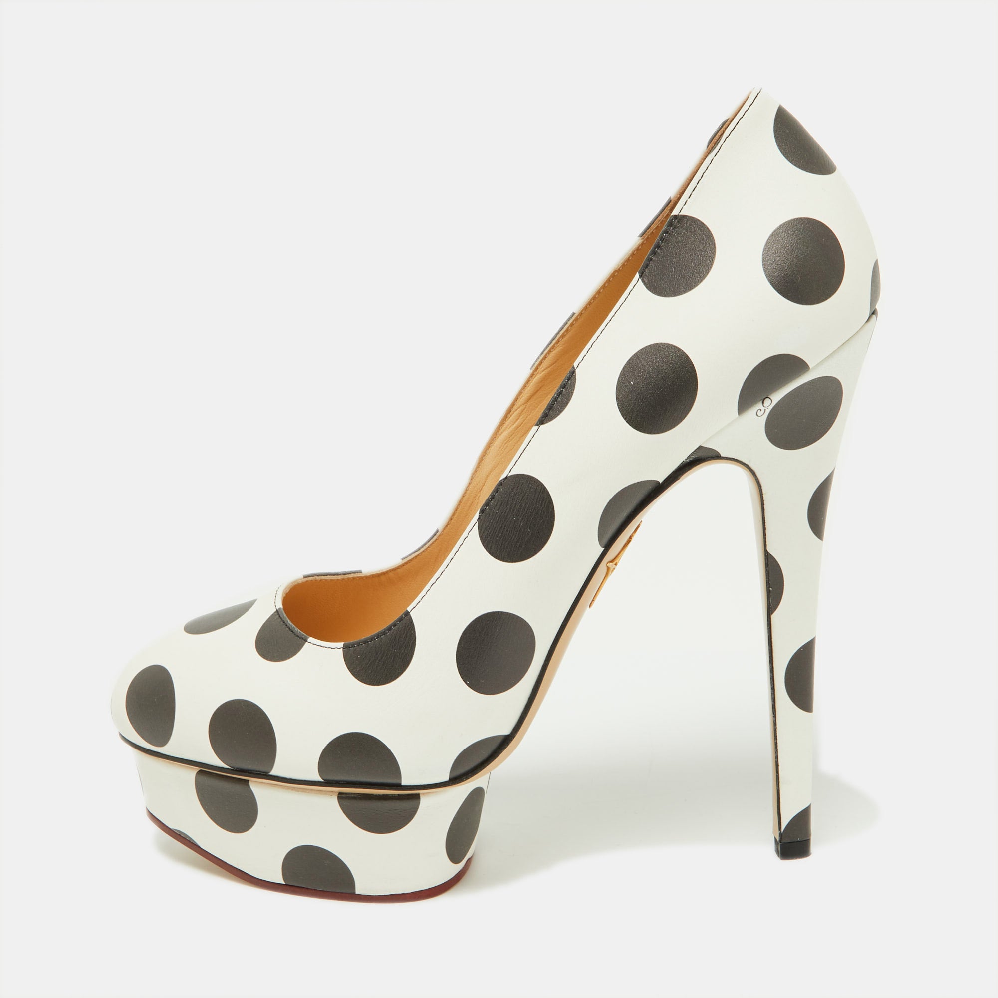 Charlotte Olympia White-Black Polka Dot Print Leather Dolly Platform Pumps Size 40