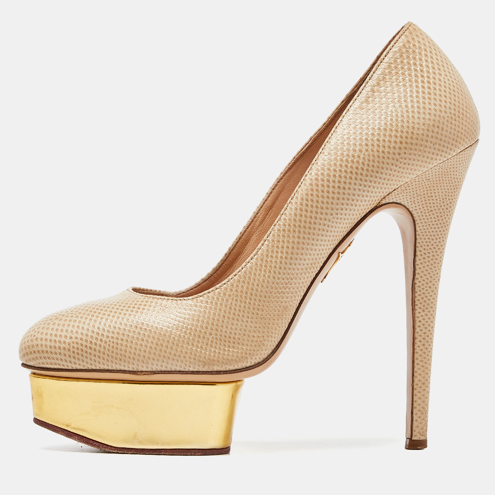 Charlotte Olympia Beige-Gold Karung Leather Dolly Platform Pumps Size 39