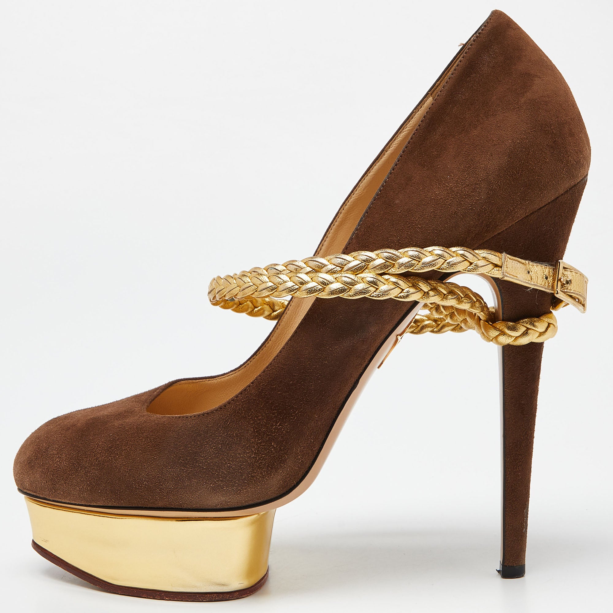 Charlotte Olympia Brown-Gold Suede Dolly Platform Pumps Size 42