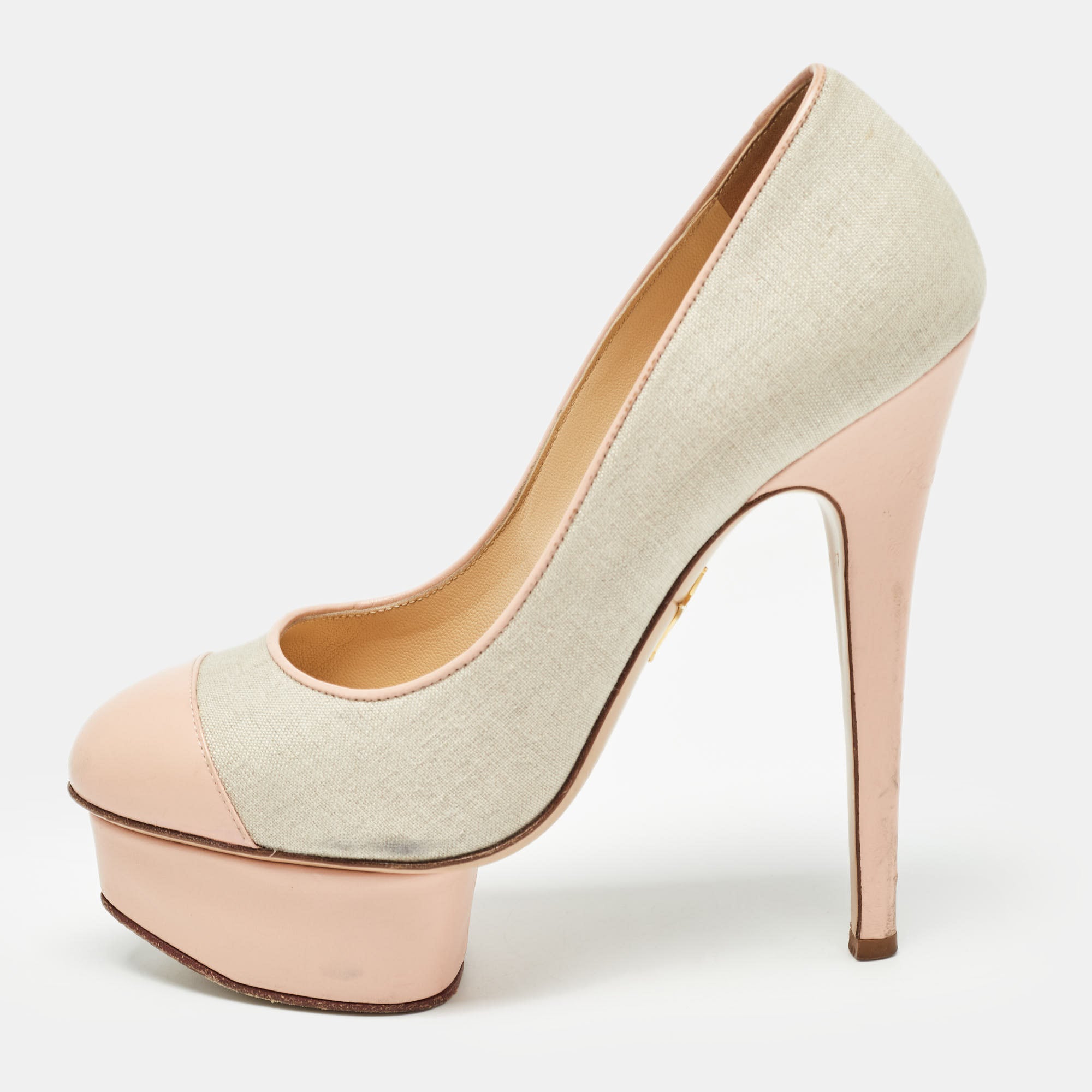 Charlotte Olympia Pink-Grey Canvas and Leather Dolly Pumps Size 36