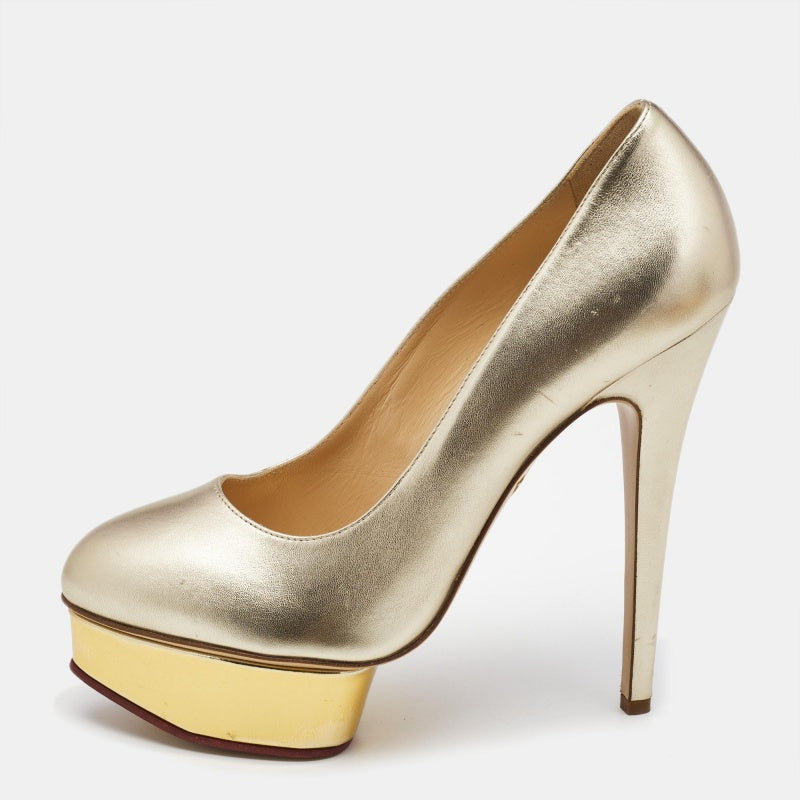 Charlotte Olympia Gold Leather Dolly Platform Pumps Size 40.5