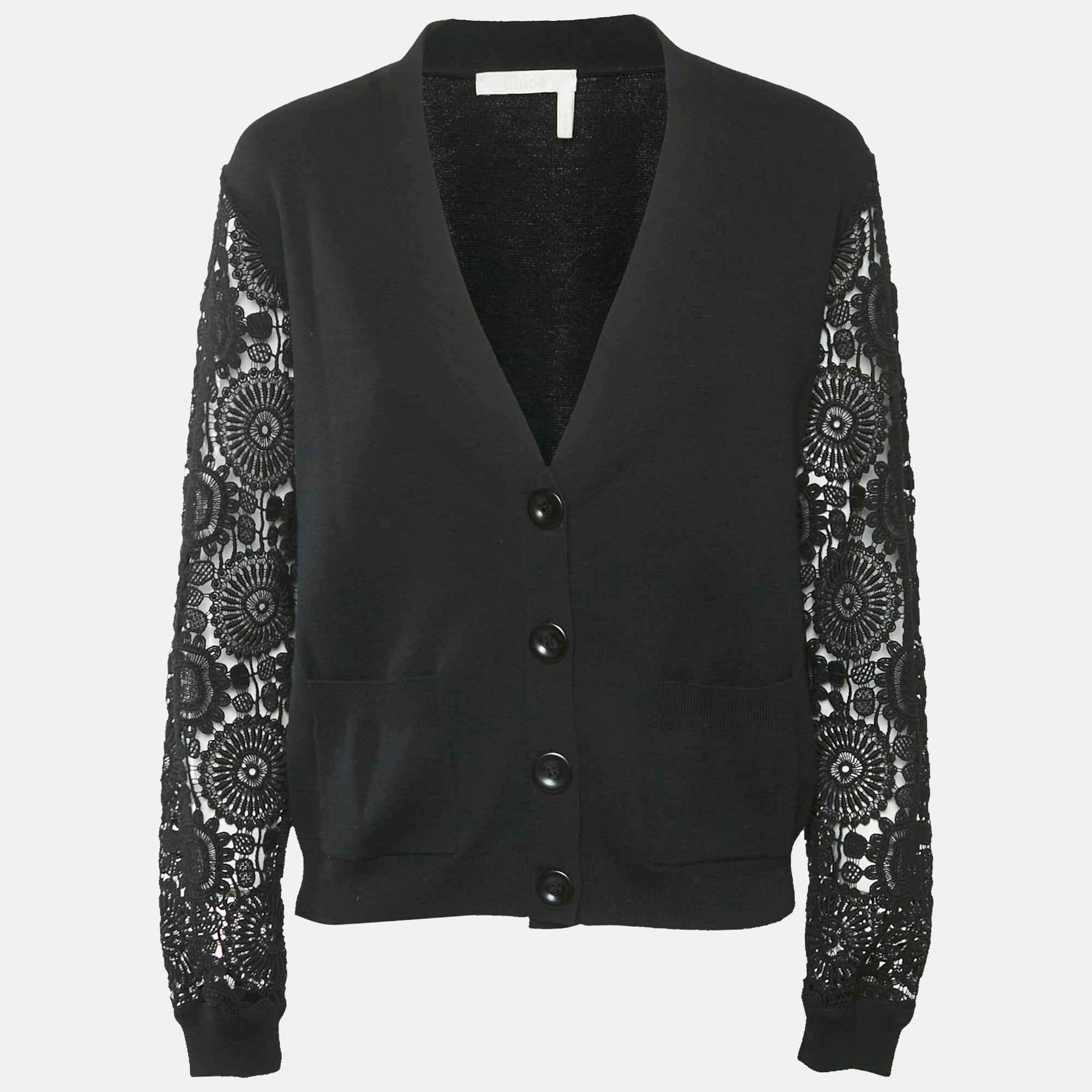 Chlo&eacute; Black Wool and Lace Button Front Cardigan M