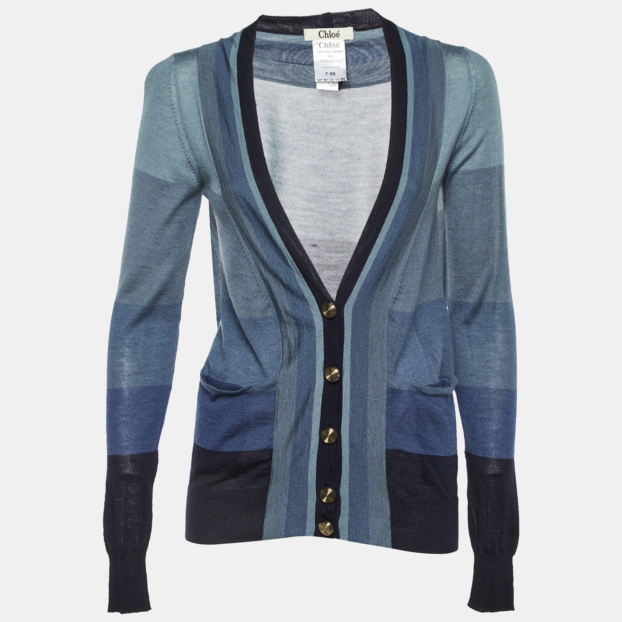 Chloe Grey-Blue Striped Cashmere & Silk Button Front Cardigan XS