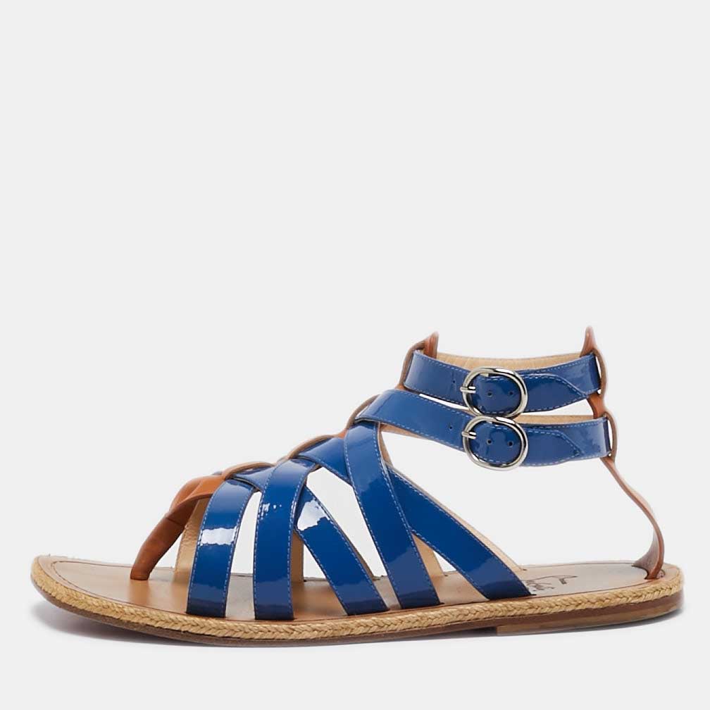 Christian Louboutin Blue-Brown Patent Leather Caged Espadrille Flat Sandals Size 40