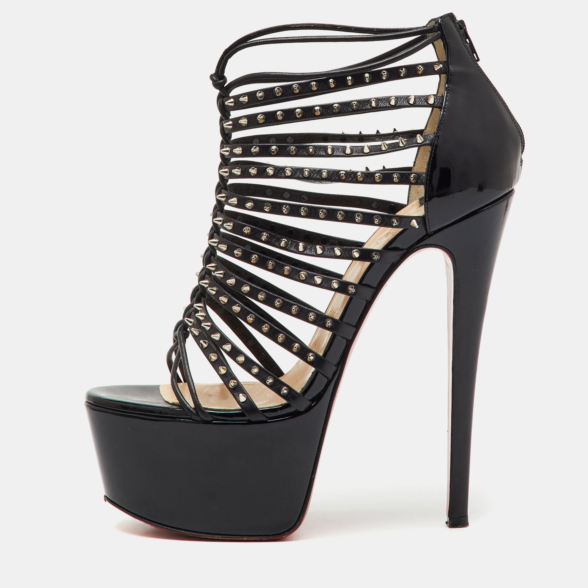 Christian Louboutin Black Patent and Leather Spike Millaclou Cage Platform Sandals Size 38.5
