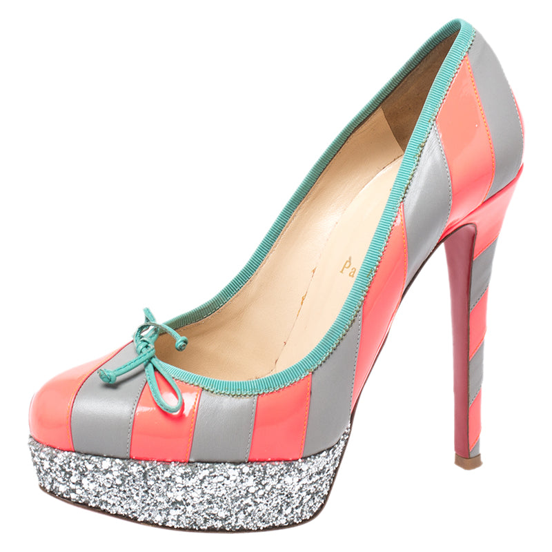 Christian Louboutin Fluorescent Pink-Grey Striped Leather Foraine Glitter Platform Pumps Size 37.5