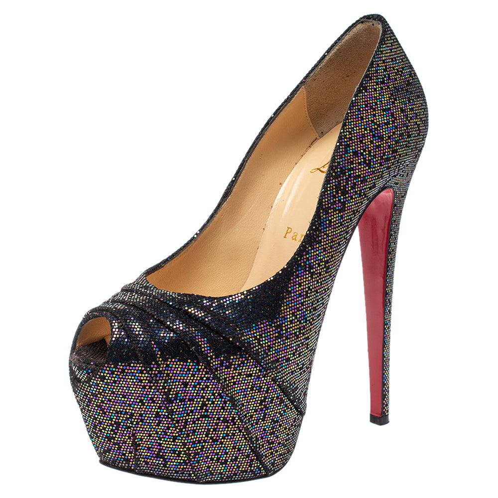 Christian Louboutin Black Glitter Fabric Drapesse 160 Spotlight Pumps Size 38