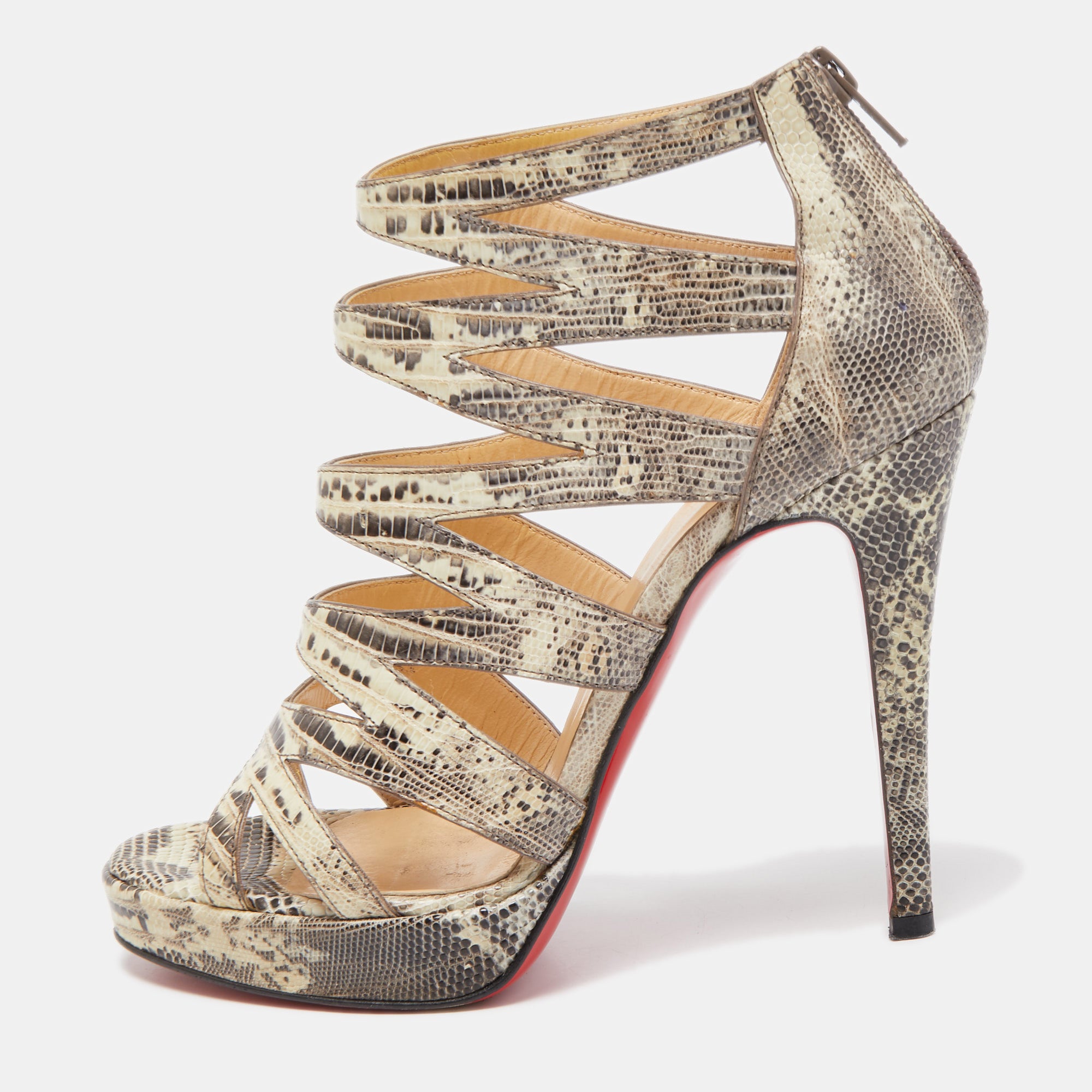 Christian Louboutin Grey-Yellow Lizard Leather 'Fernando' Cage Sandals Size 37