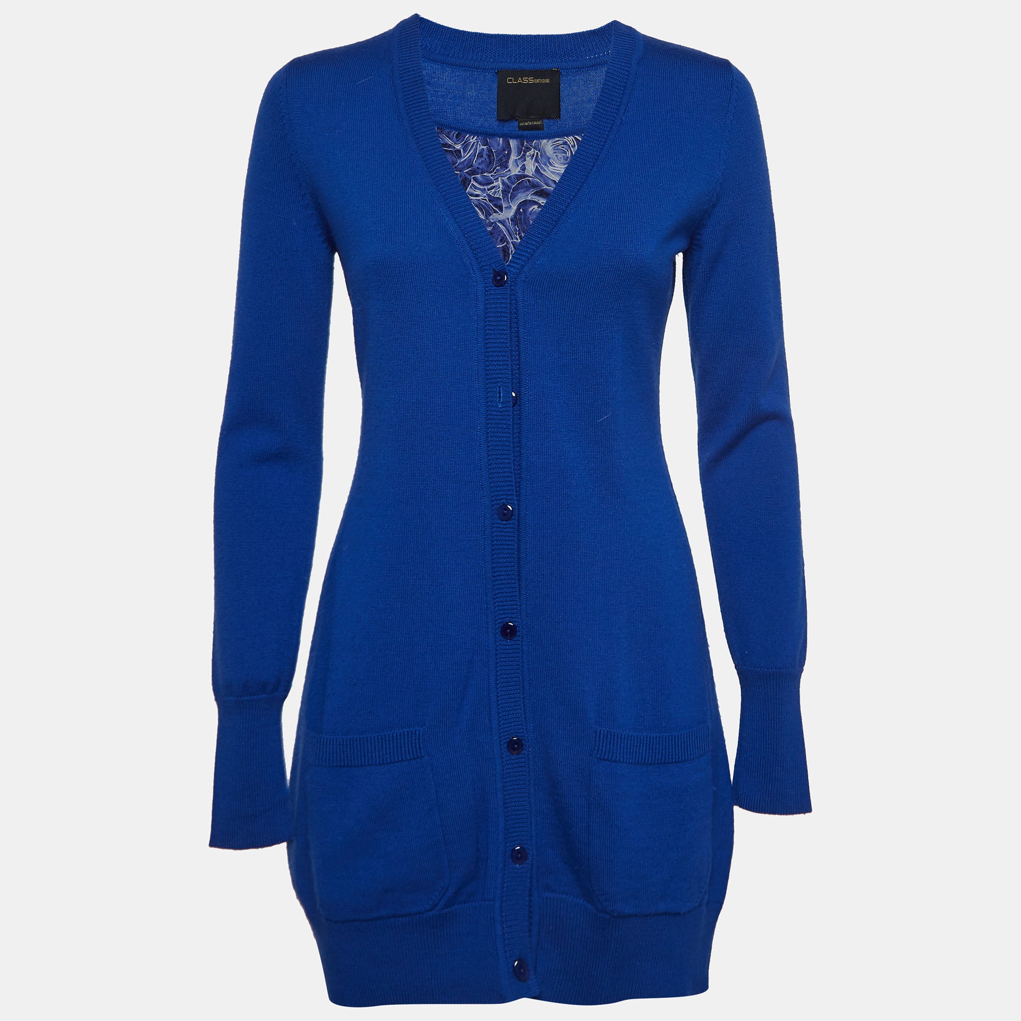 Class by Roberto Cavalli Blue Wool Silk Inset Buttoned Cardigan M