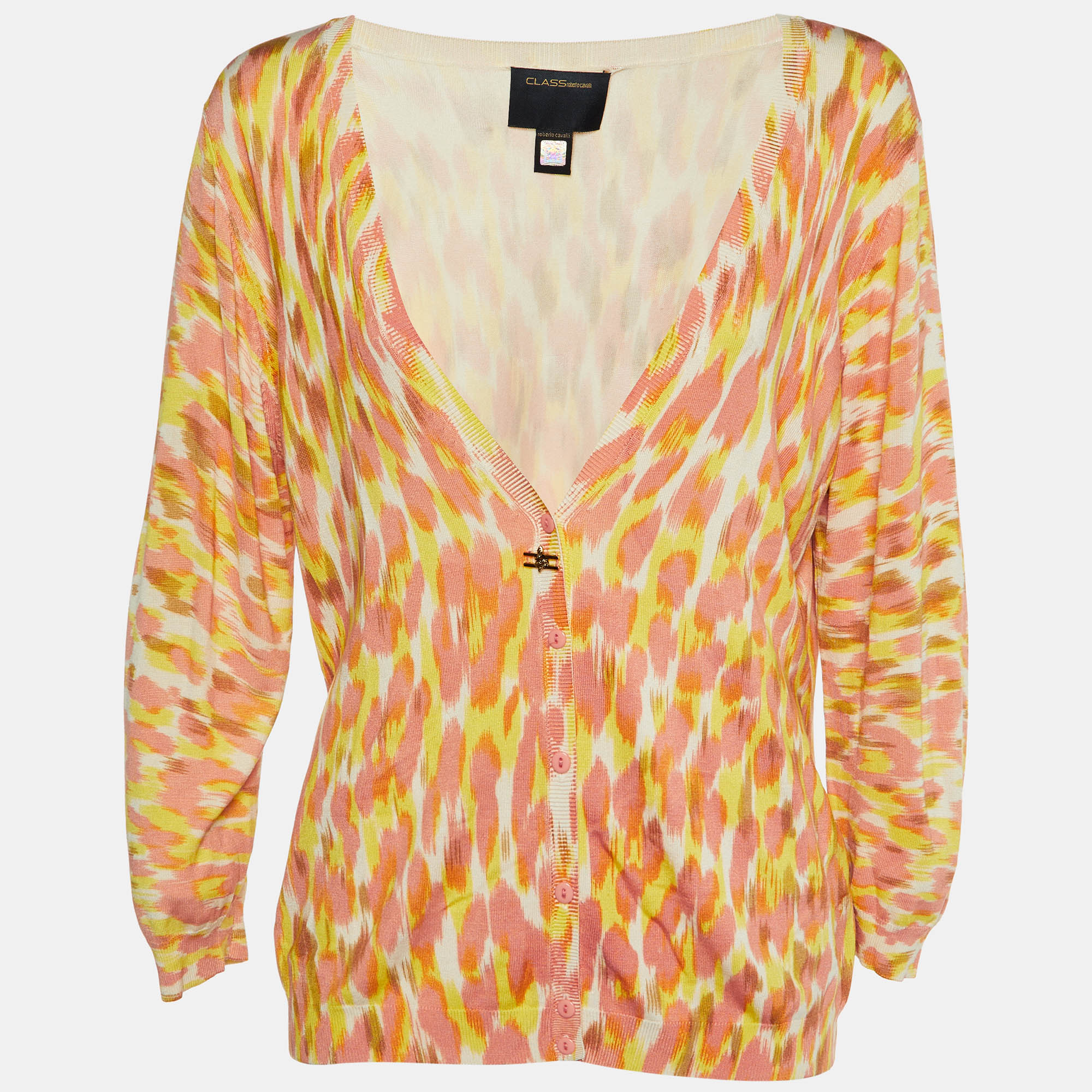 Class by Roberto Cavalli Coral Pink Printed Silk Knit Cardigan XL