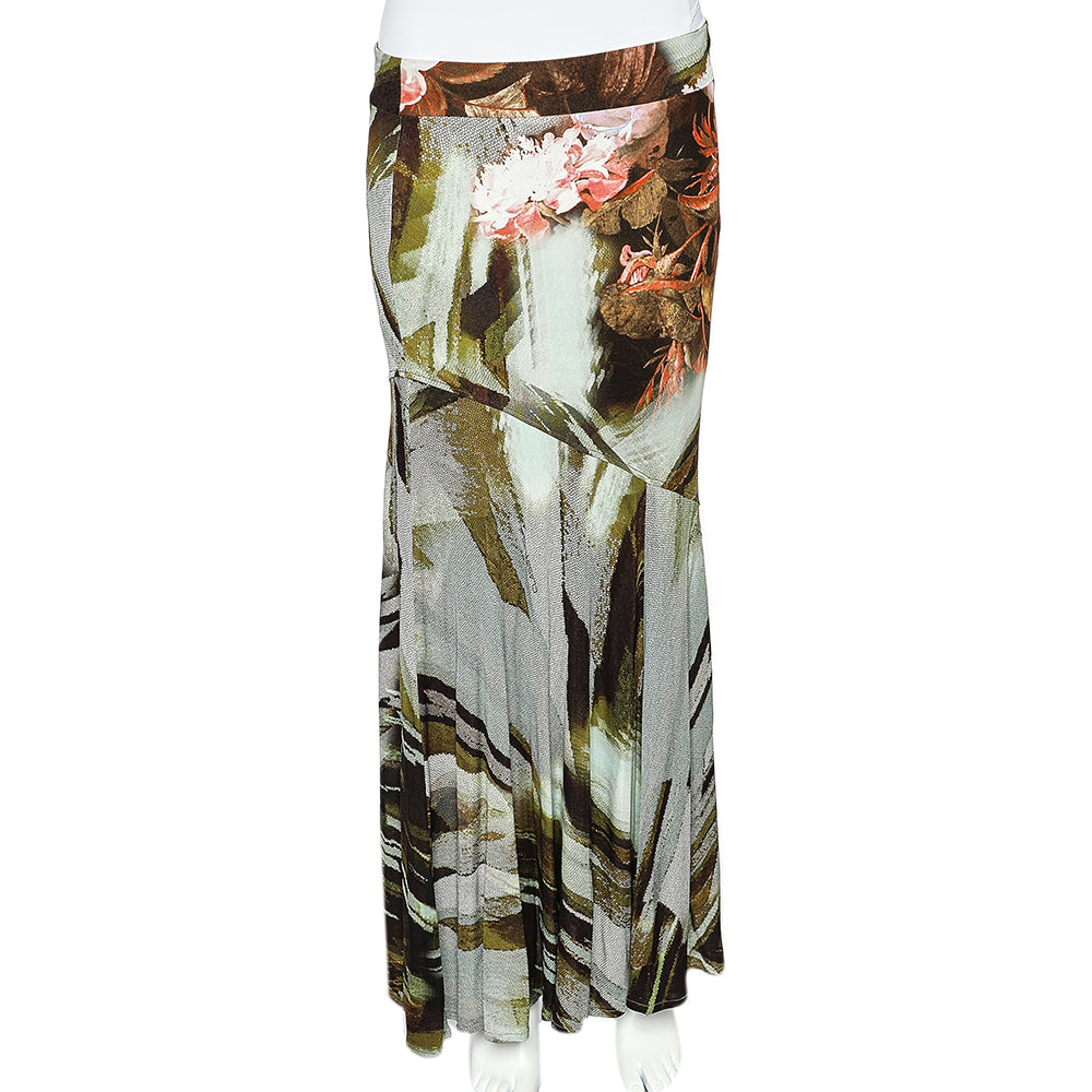 Cavalli Class Multicolor Printed Jersey Paneled Midi Skirt M