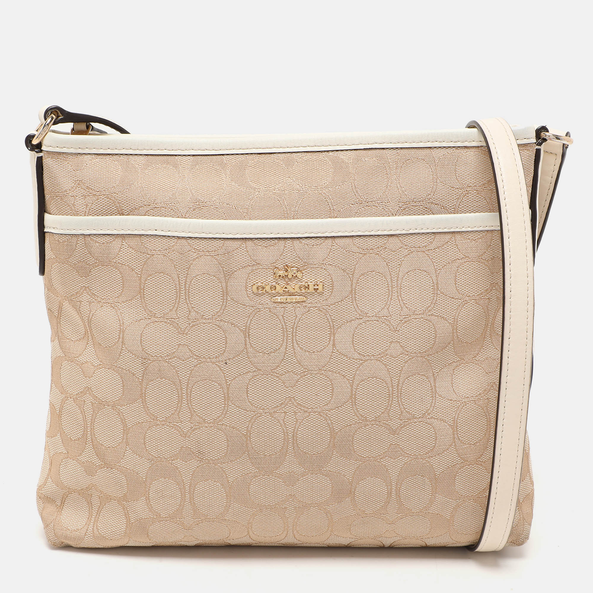 Coach Beige-White Signature Canvas and Leather Swingpack File Crossbody Bag