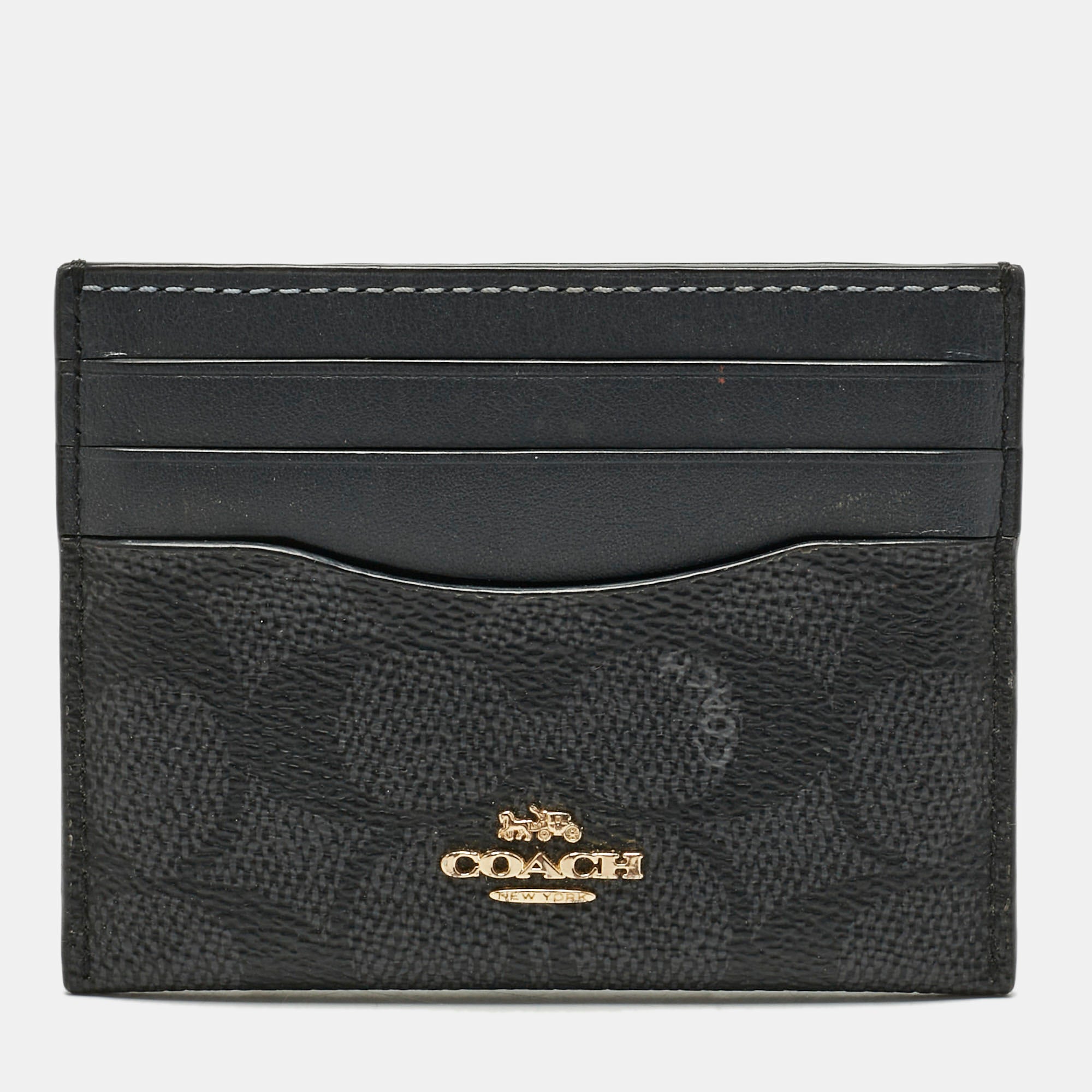 Coach Black-Grey Signature Coated Canvas and Leather Card Holder