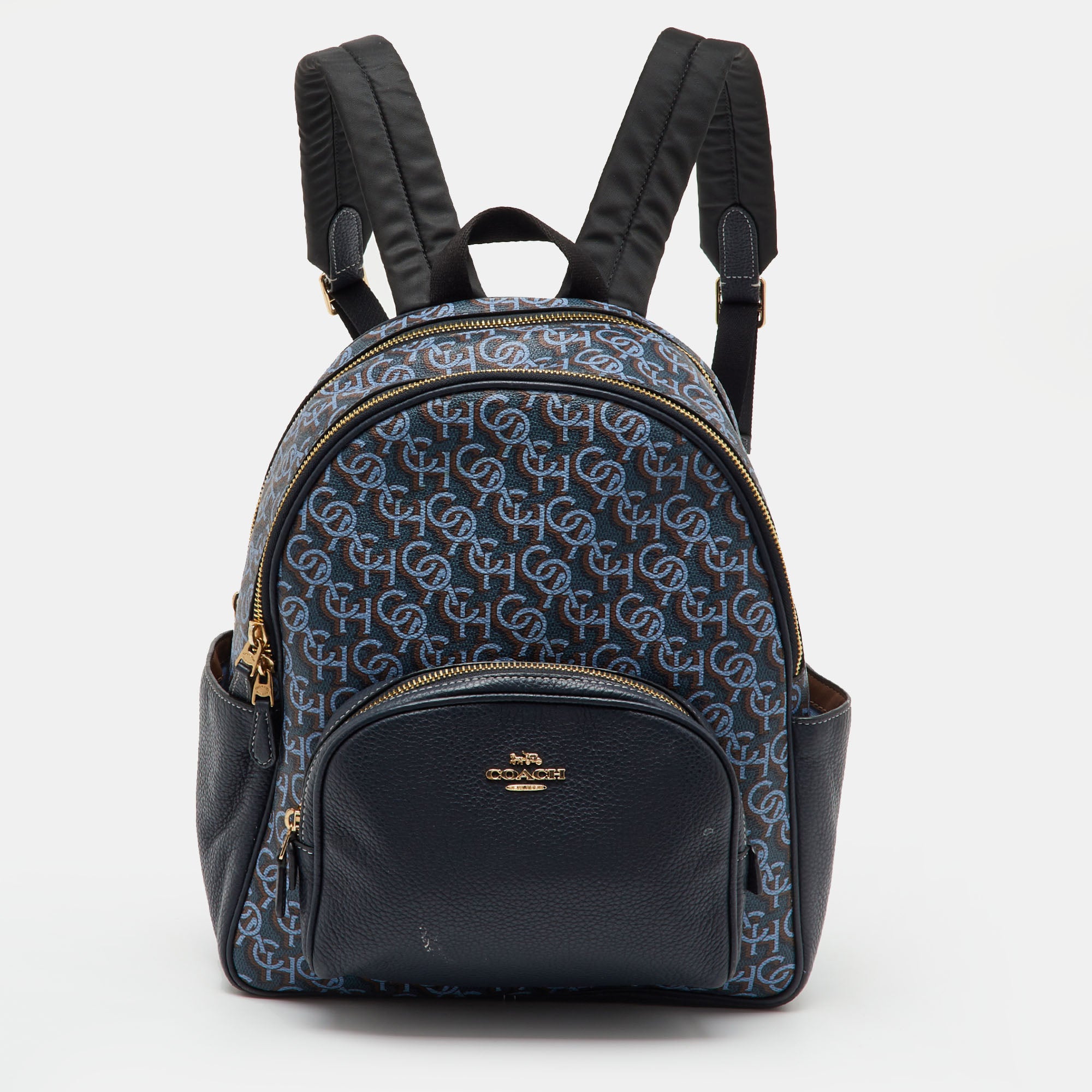 Coach Navy Blue Monogram Print Coated Canvas and Leather Court Backpack