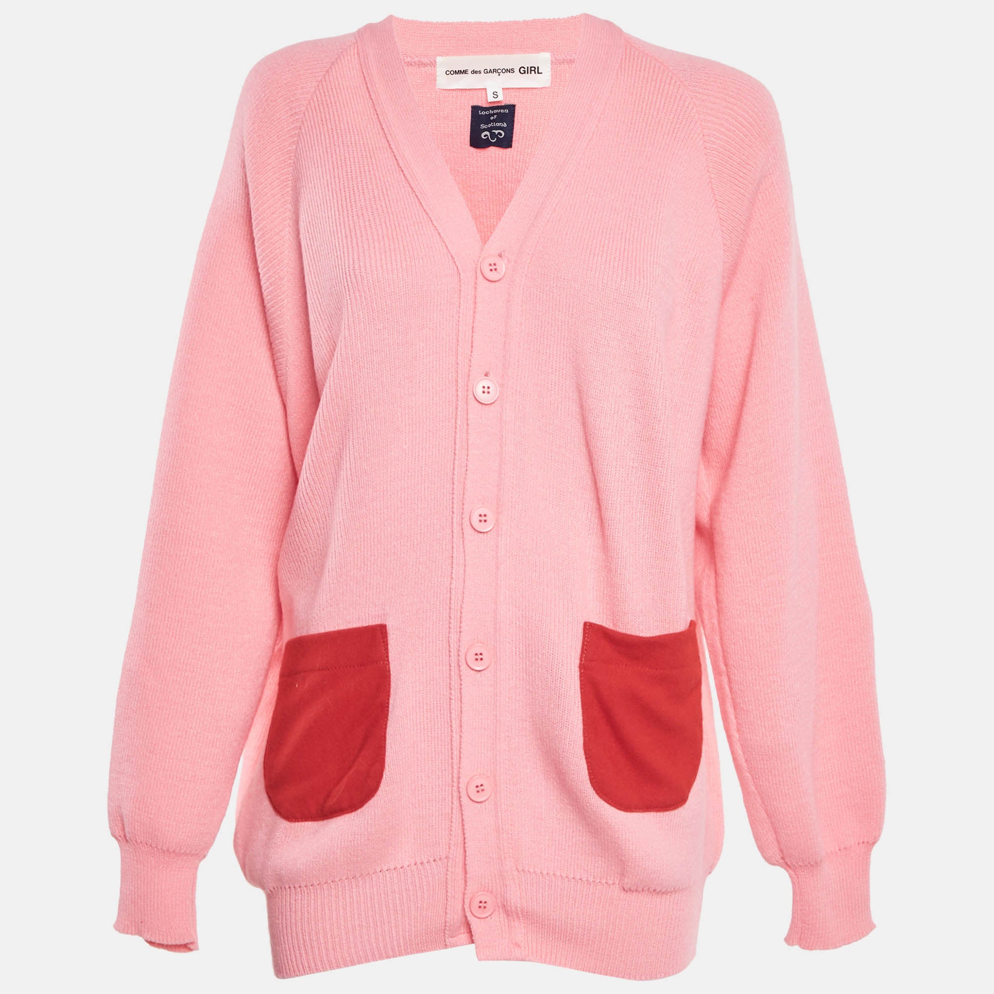 Comme des Gar&ccedil;ons Pink Knit Contrast Pocket Detail Button Front Cardigan S