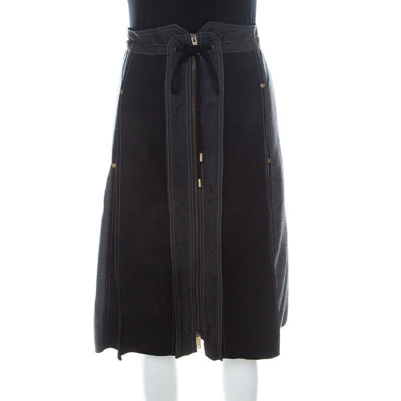 Derek Lam Grey & Black Silk Blend & Wool Front Zip Paneled Skirt L
