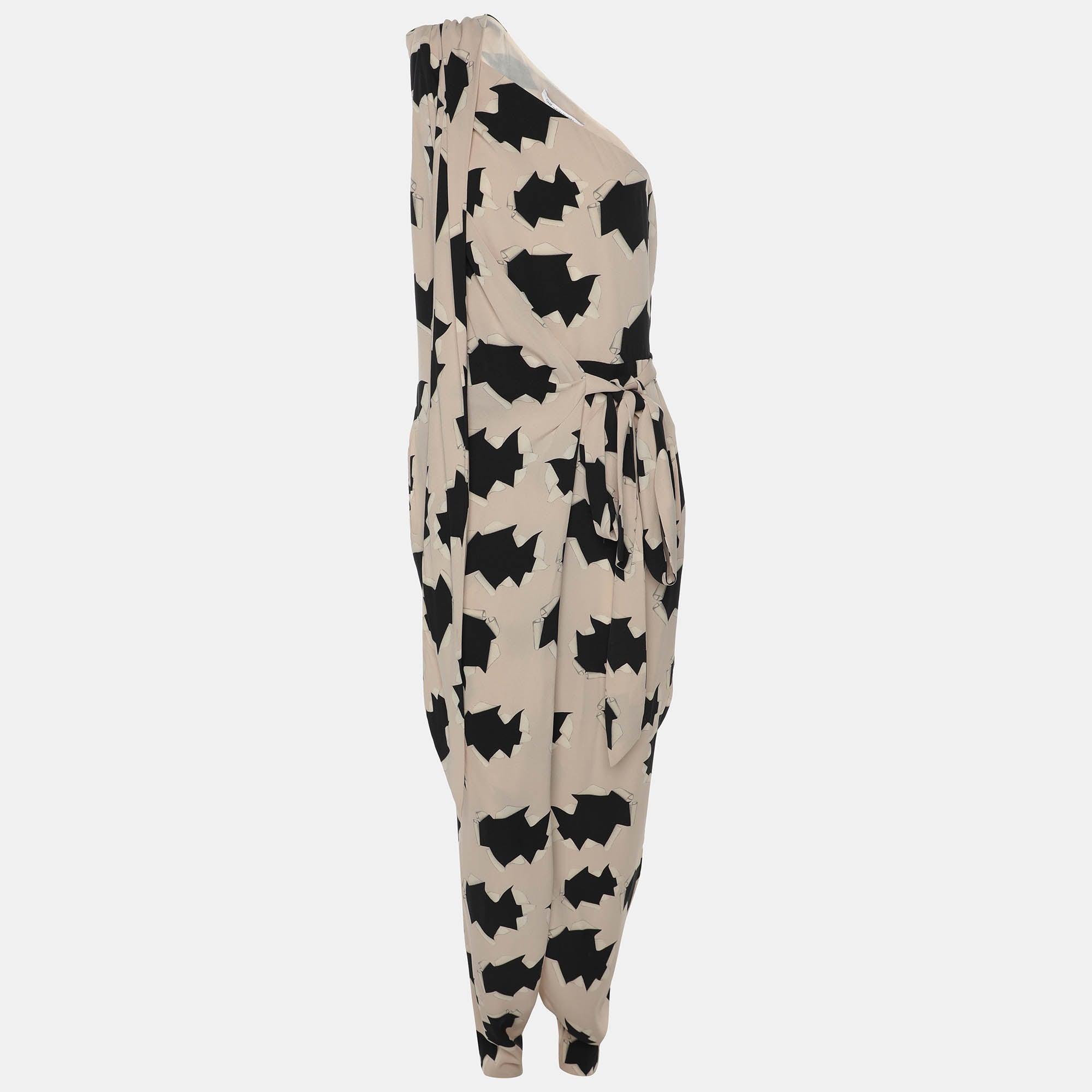 Diane Von Furstenberg Pink-Black Spina Print Silk One Shoulder Jumpsuit S