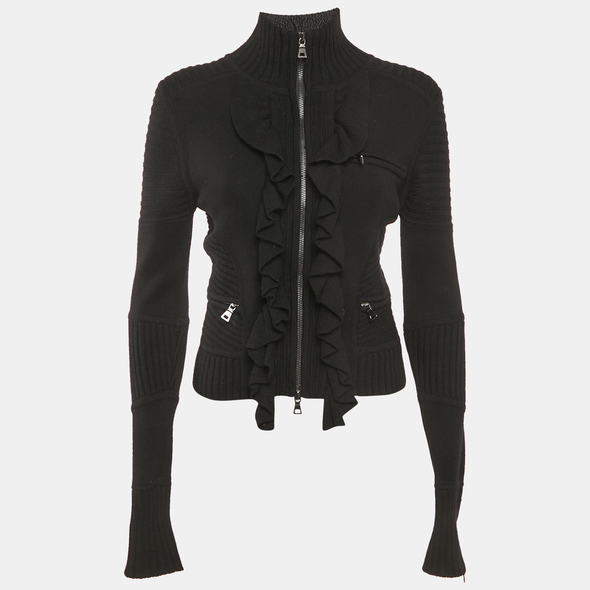 Diane Von Furstenberg Black Wool Knit Ruffled Zip-Up Madelyne Cardigan S