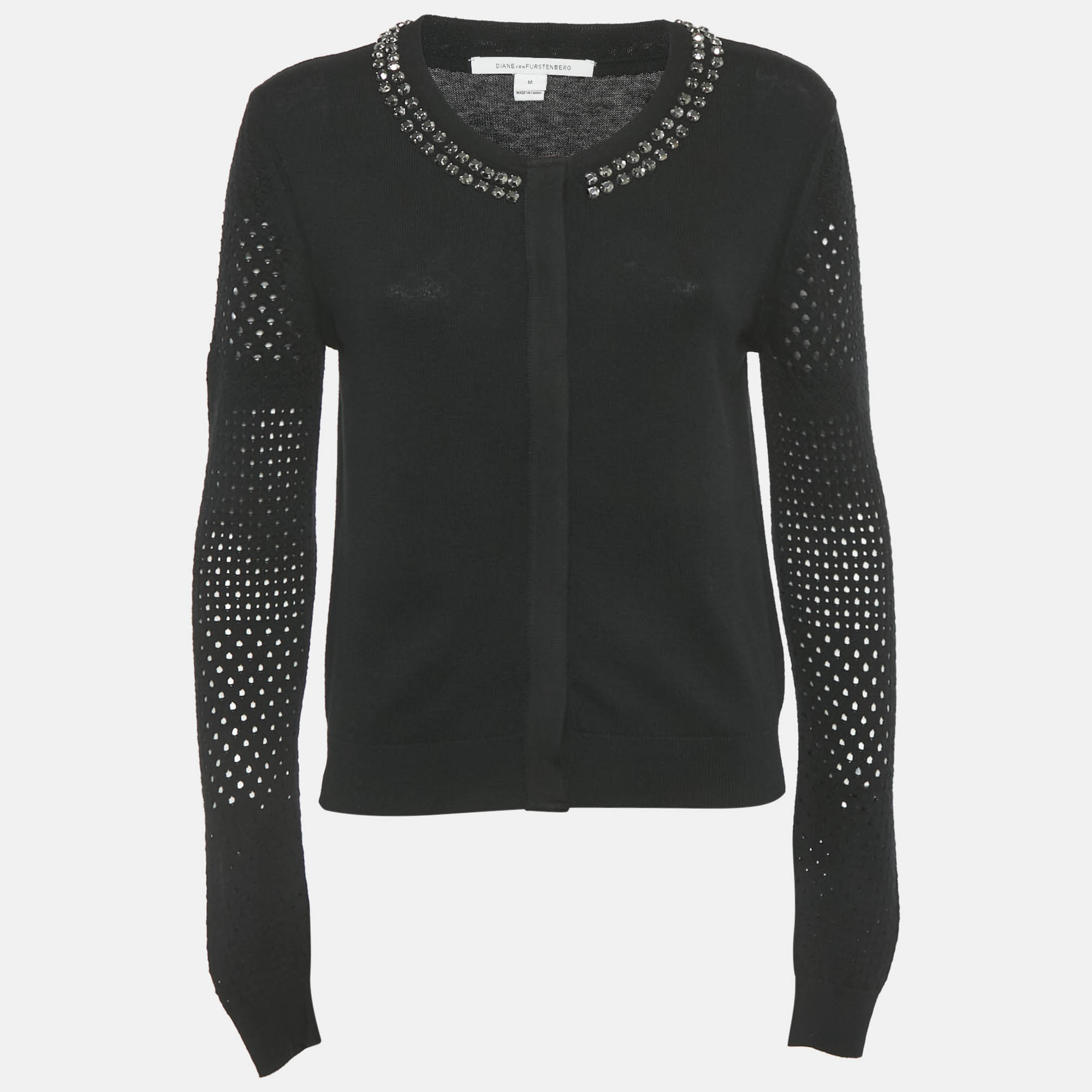 Diane Von Furstenberg Black Wool Blend Stud Detail Cardigan M