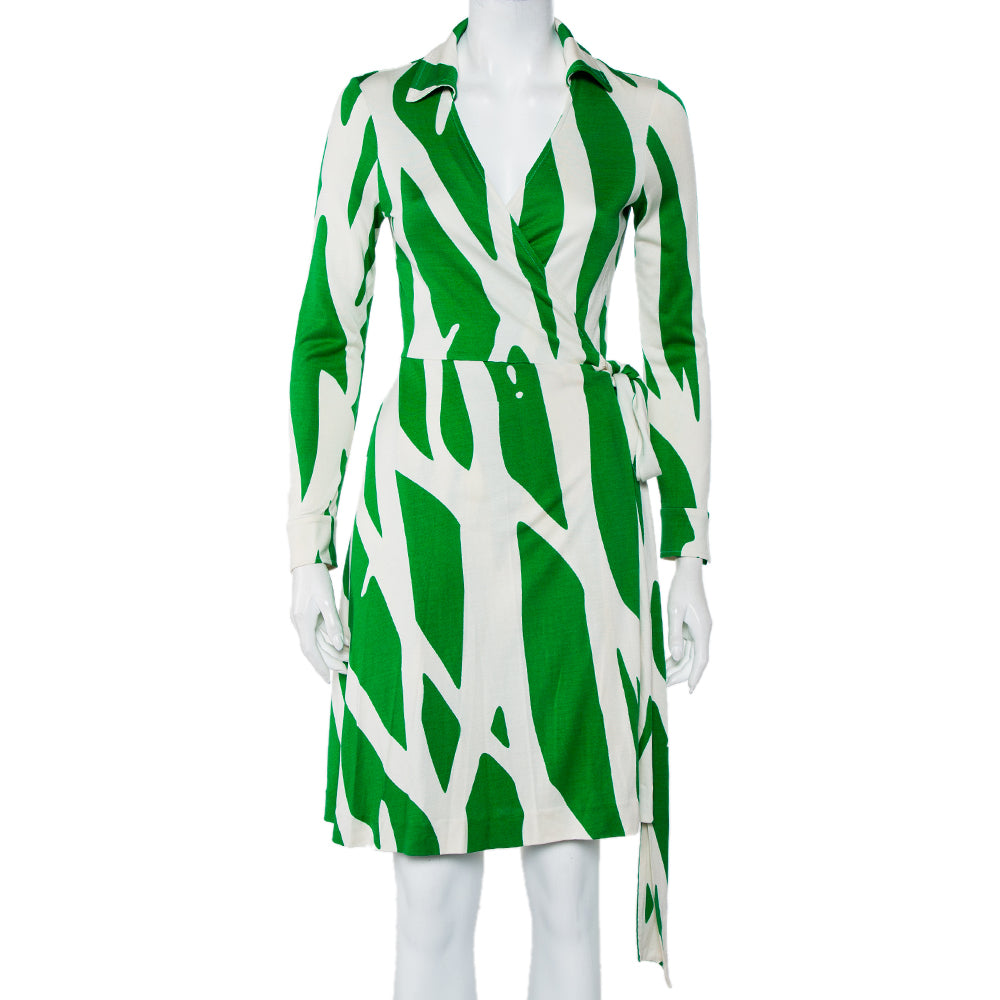 Diane Von Furstenberg Beige & Green Printed Silk Knit Collared Mini Wrap Dress L