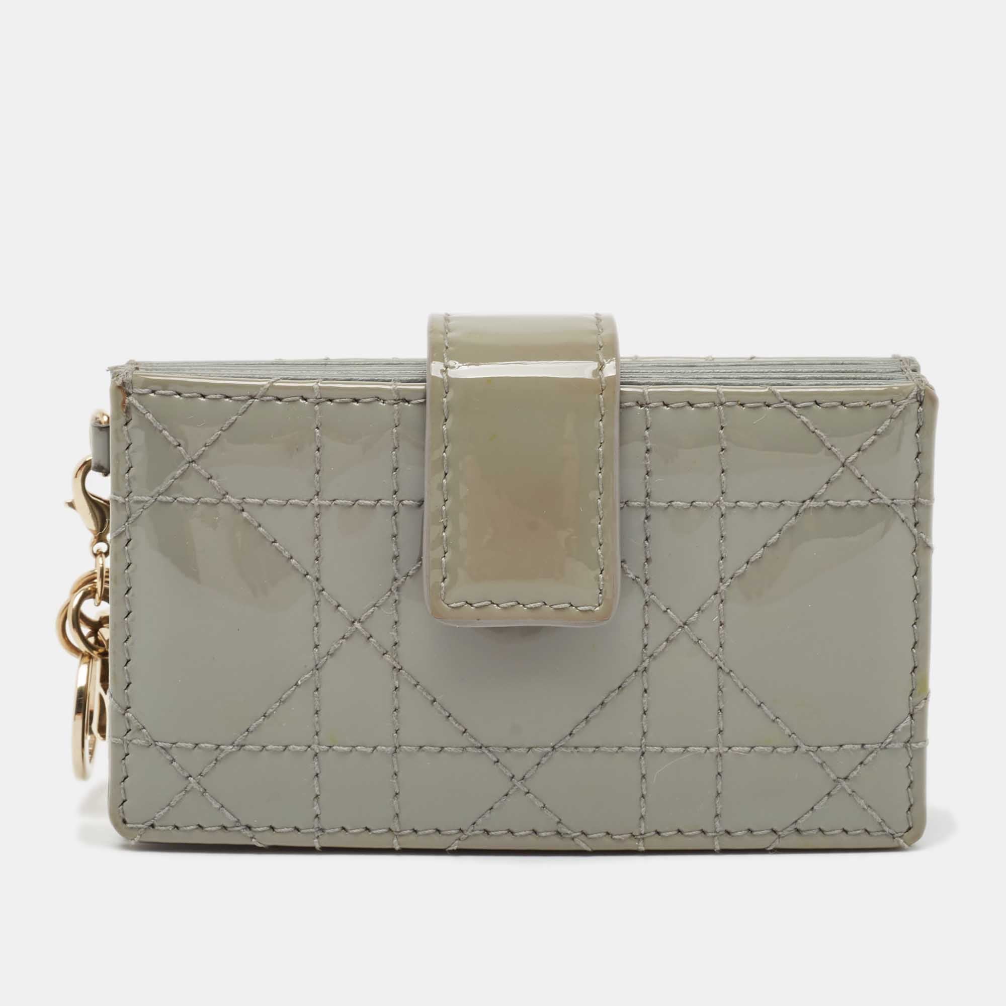 Dior Grey Cannage Patent Leather Lady Dior 5 Gusset Card Holder