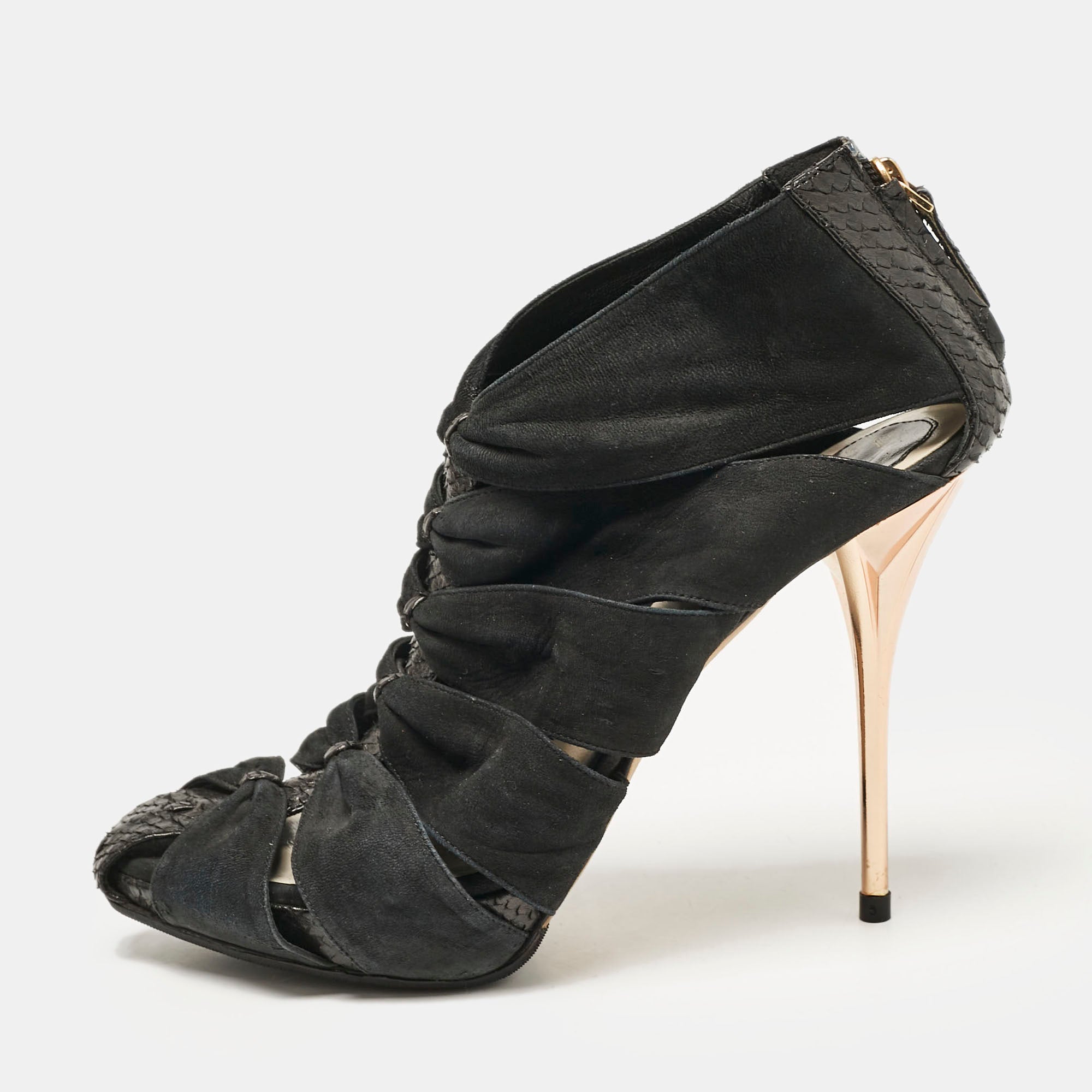 Dior Black Python and Nubuck Leather Caged Platform Sandals Size 38.5