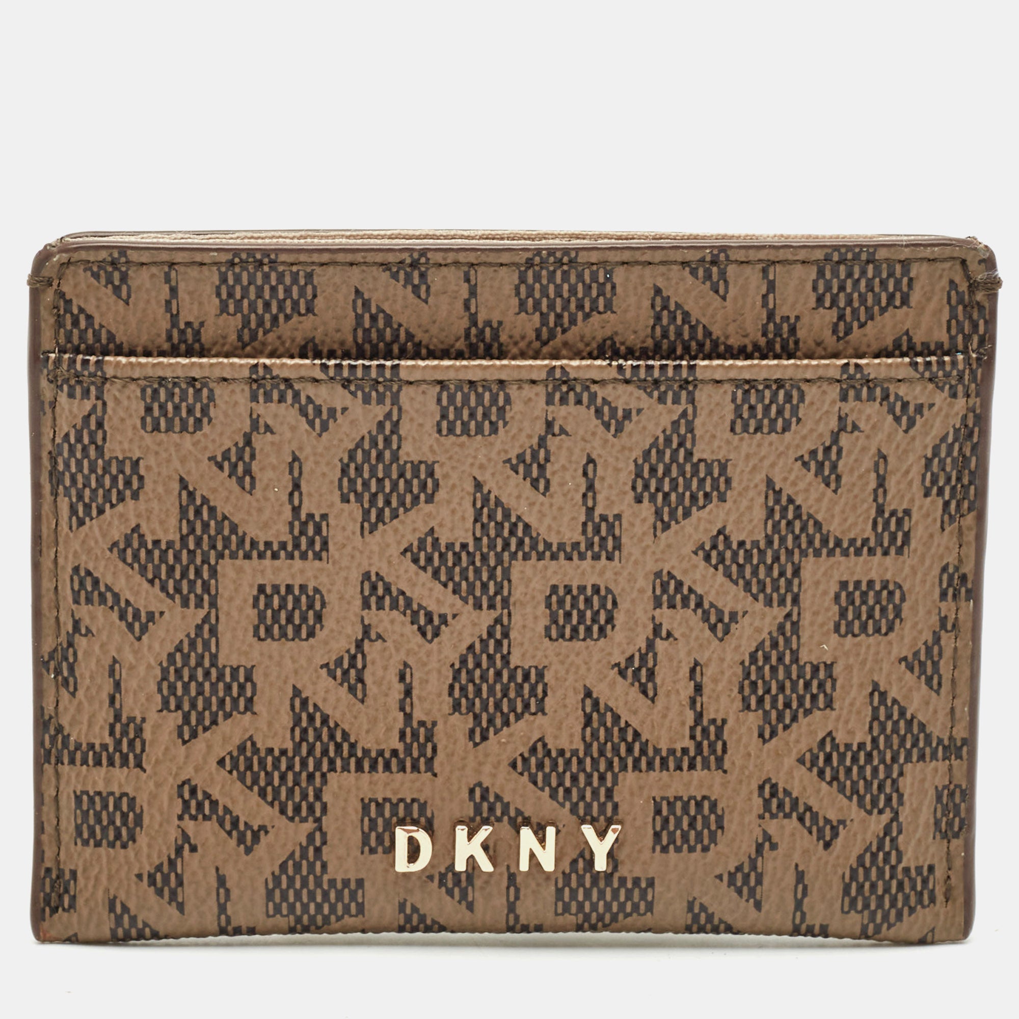 DKNY Beige-Brown Signature Coated Canvas Card Holder