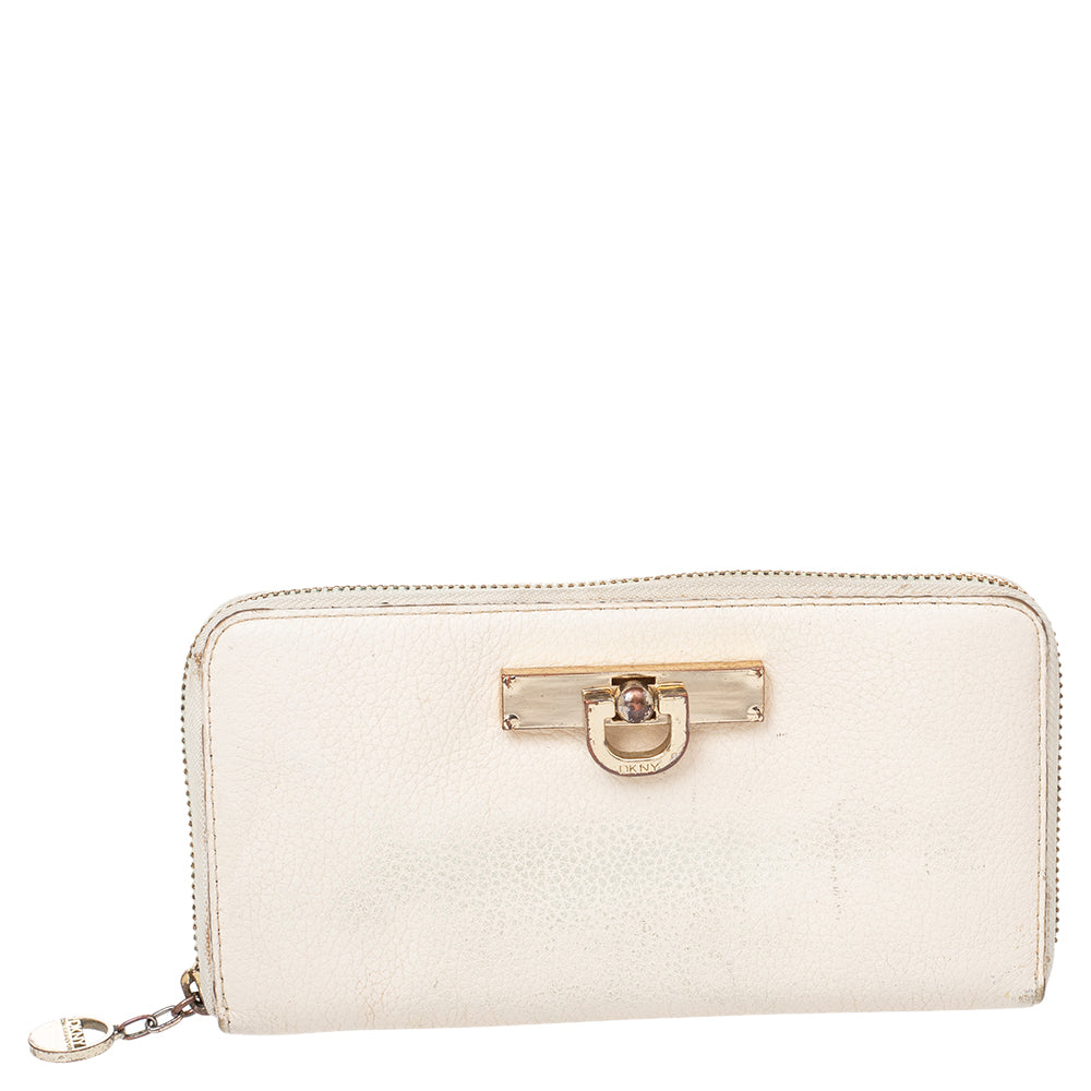 Dkny Cream Leather Zip Around Wallet