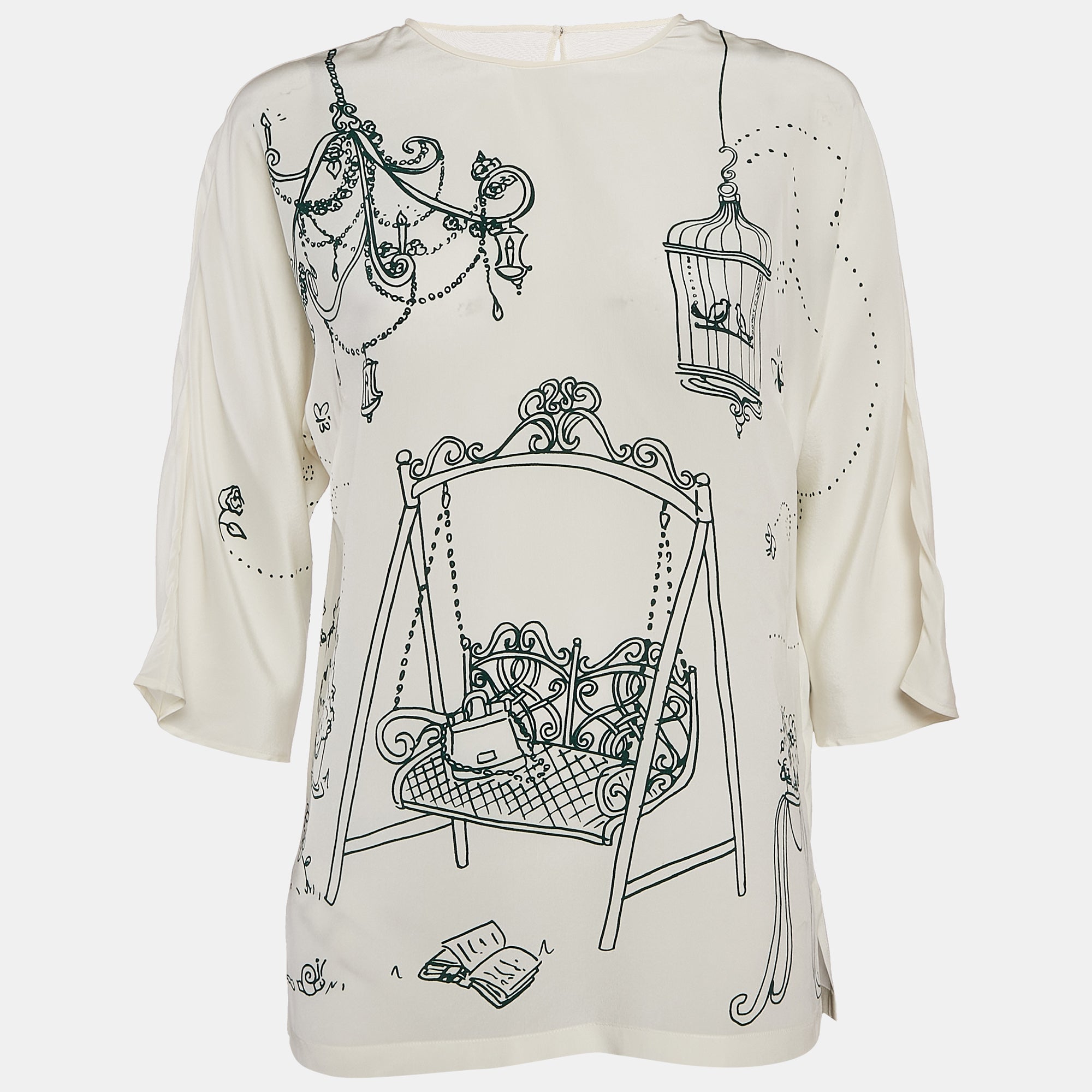 Dolce & Gabbana Off White Bird Cage Print Silk Blouse S