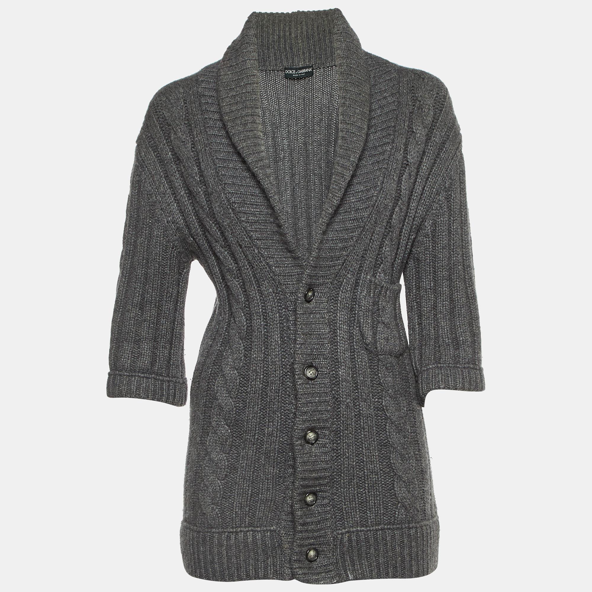 Dolce & Gabbana Grey Chunky Knit Button Front Cardigan XL