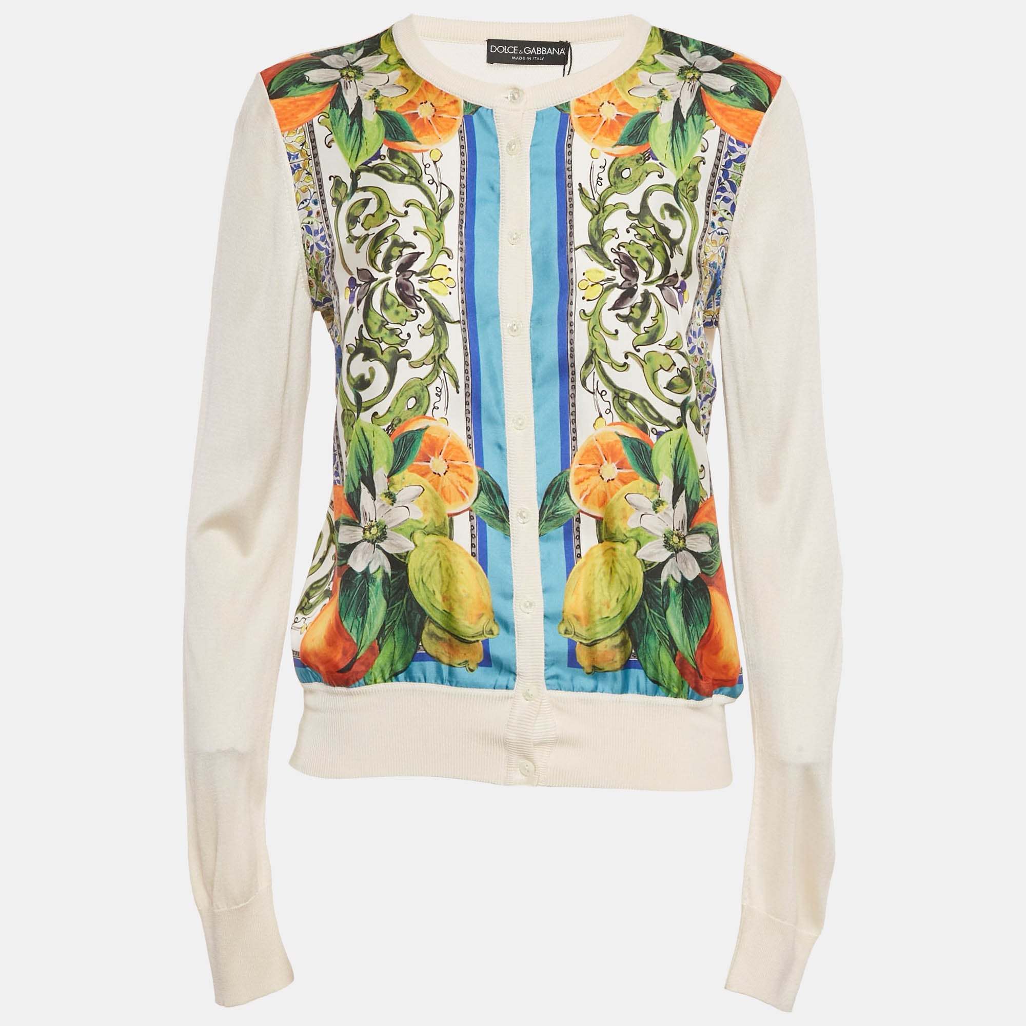 Dolce & Gabbana Cream Printed Silk & Knit Button Front Cardigan M
