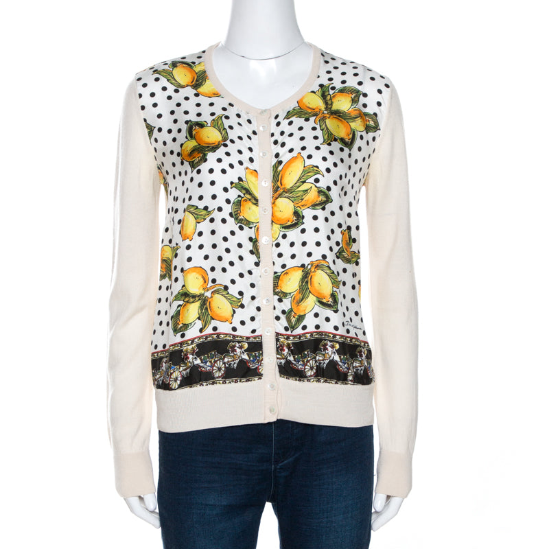 Dolce & Gabbana Cream Lemon Print Silk Wool Cardigan M