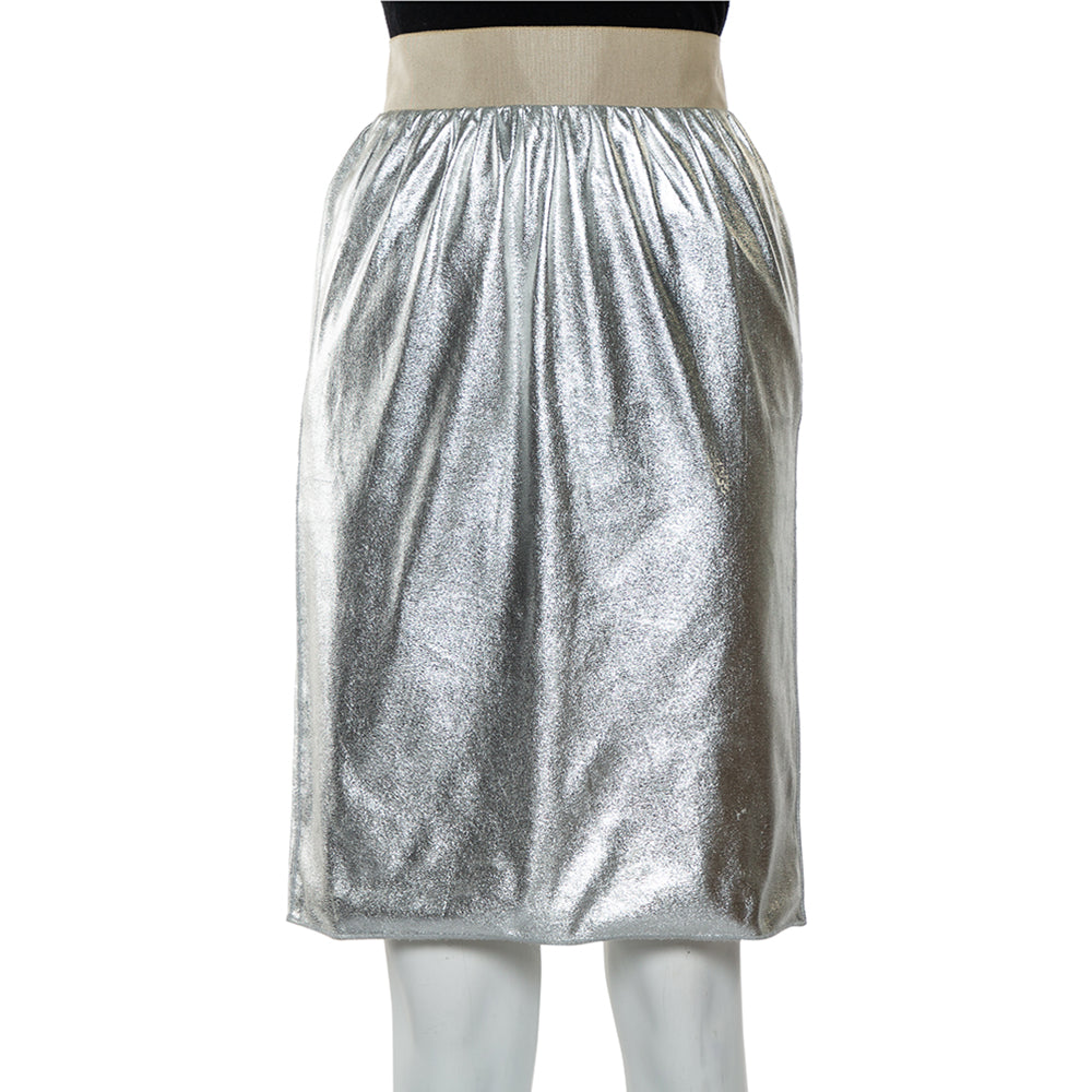 Dolce & Gabbana Metallic Silver Faux Leather Pencil Skirt XS