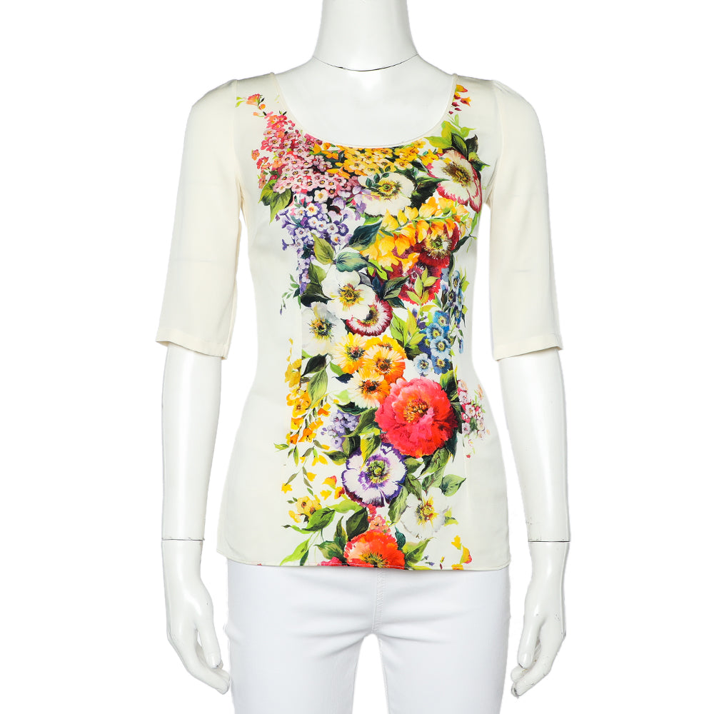 Dolce & Gabbana Cream Floral Printed Roundneck Top S