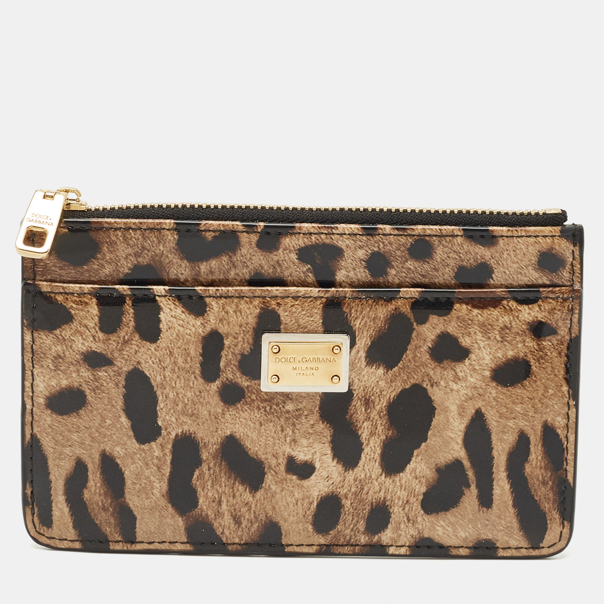 Dolce & Gabbana Brown-Black Leopard Print Patent Leather Zip Card Holder