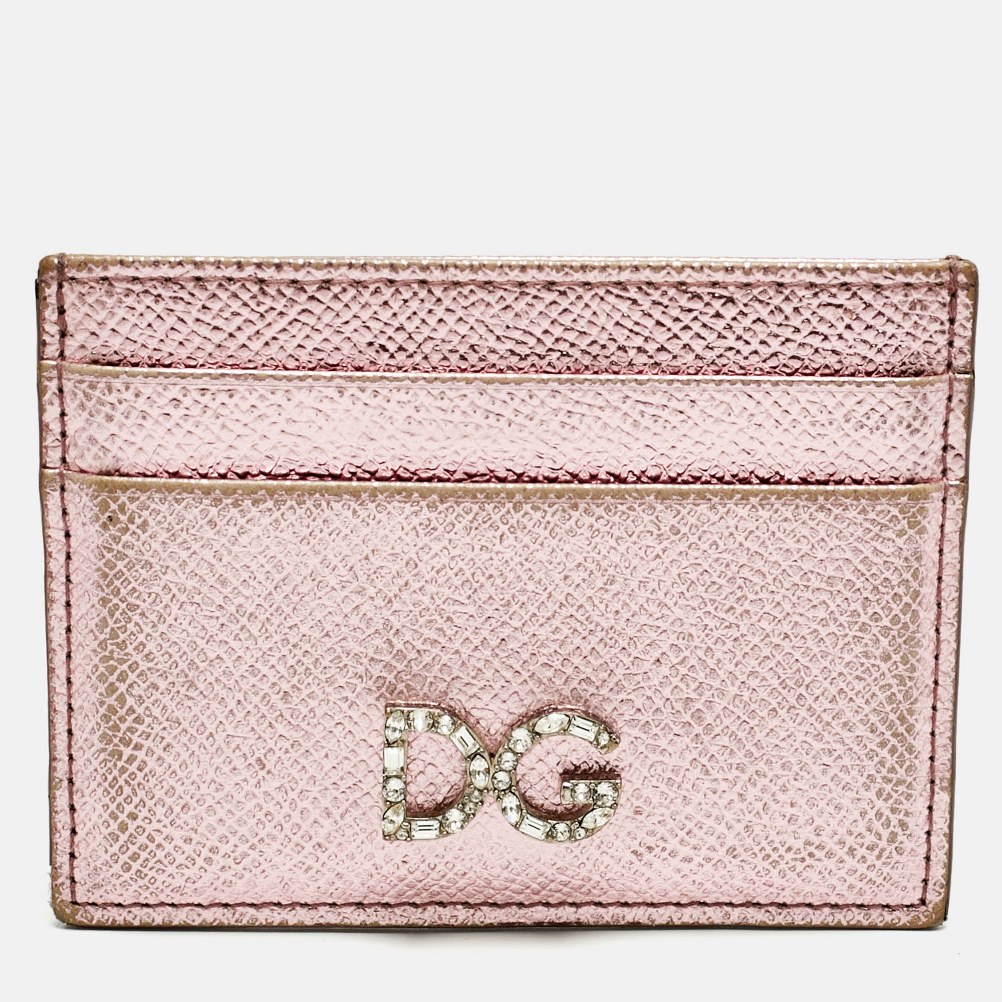 Dolce & Gabbana Metallic Pink Leather DG Crystals Card Holder