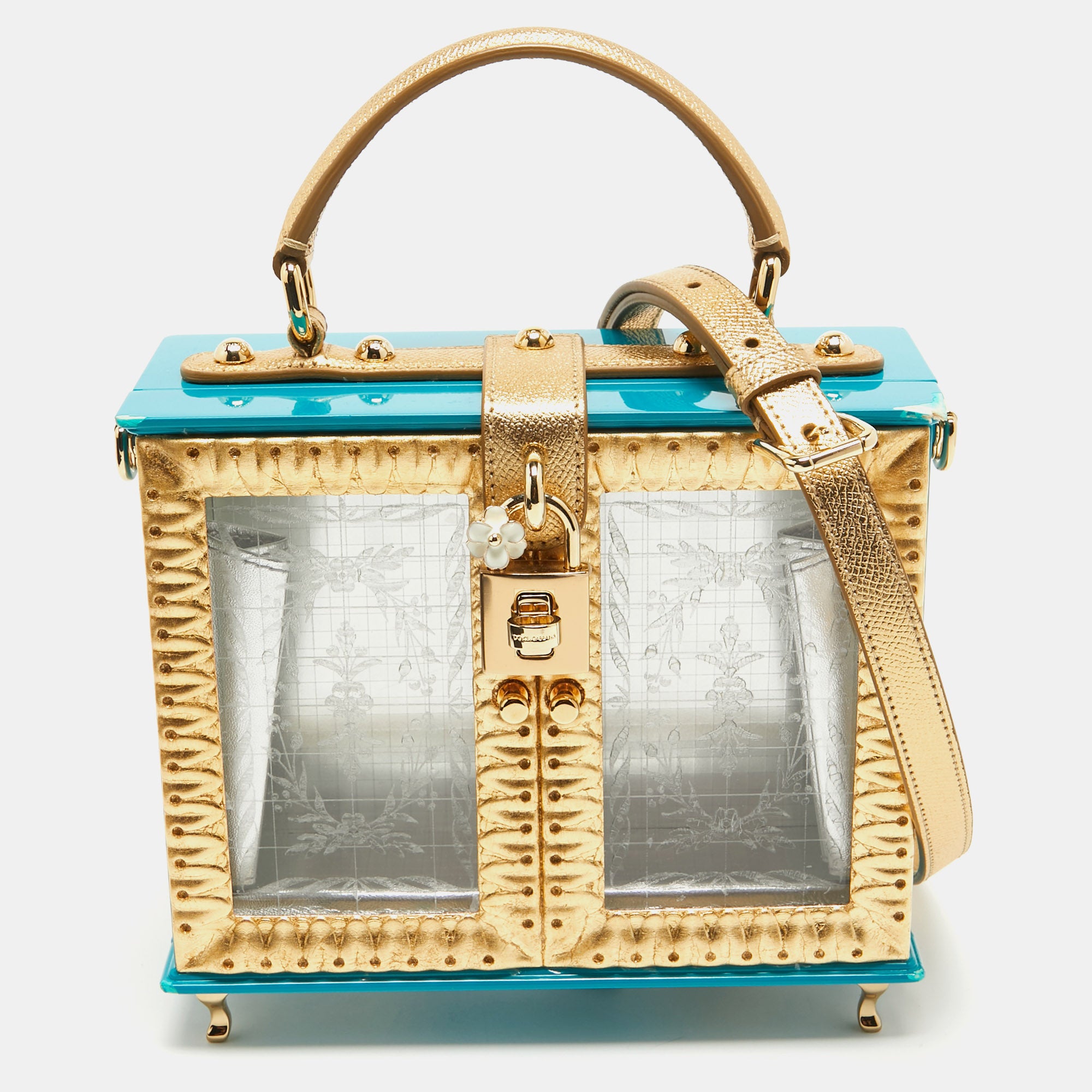 Dolce & Gabbana Turquoise-Gold Acrylic and Leather Furniture Miss Dolce Top Handle Bag