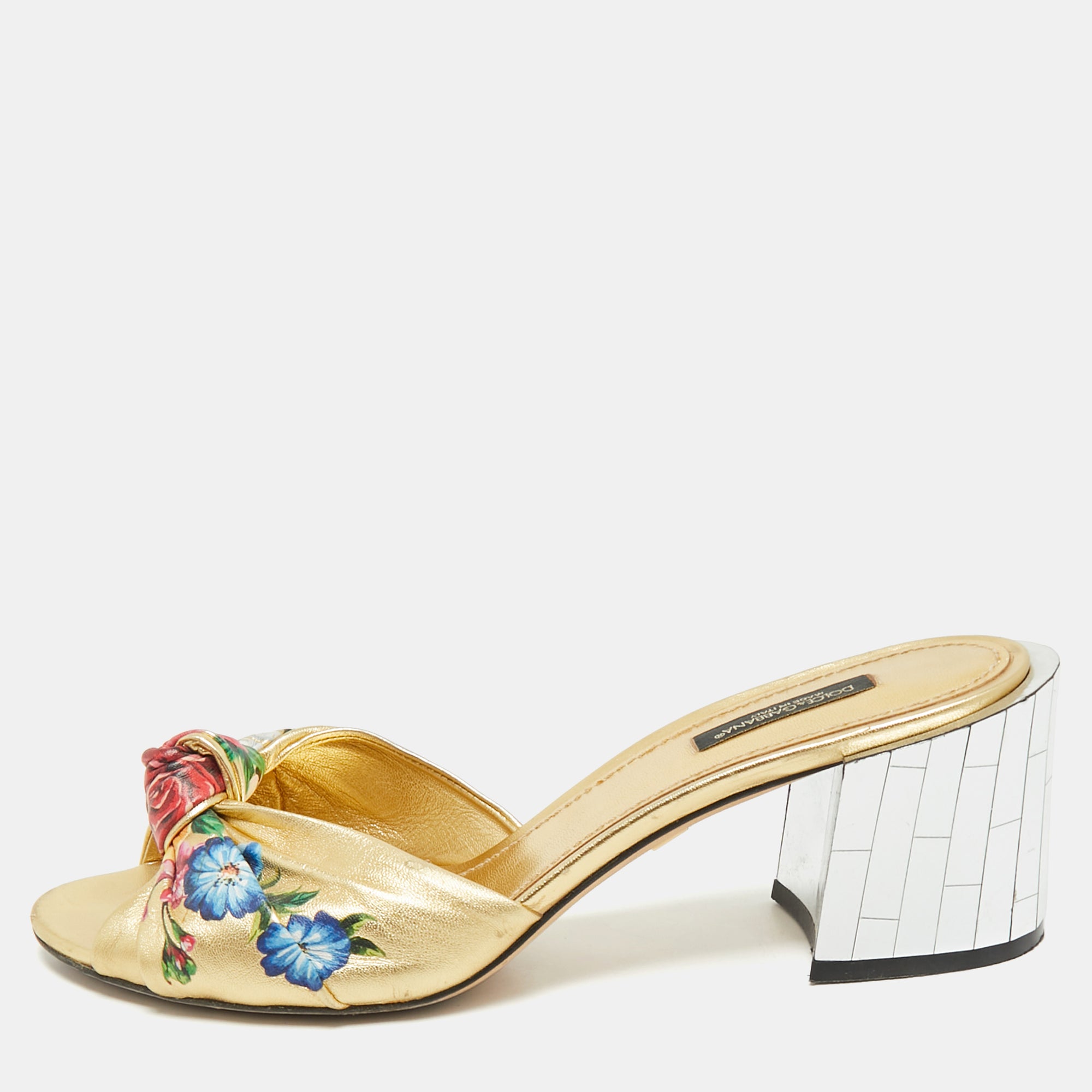 Dolce & Gabbana Gold Floral Print Leather Mirrored Heel Slide Sandals Size 39