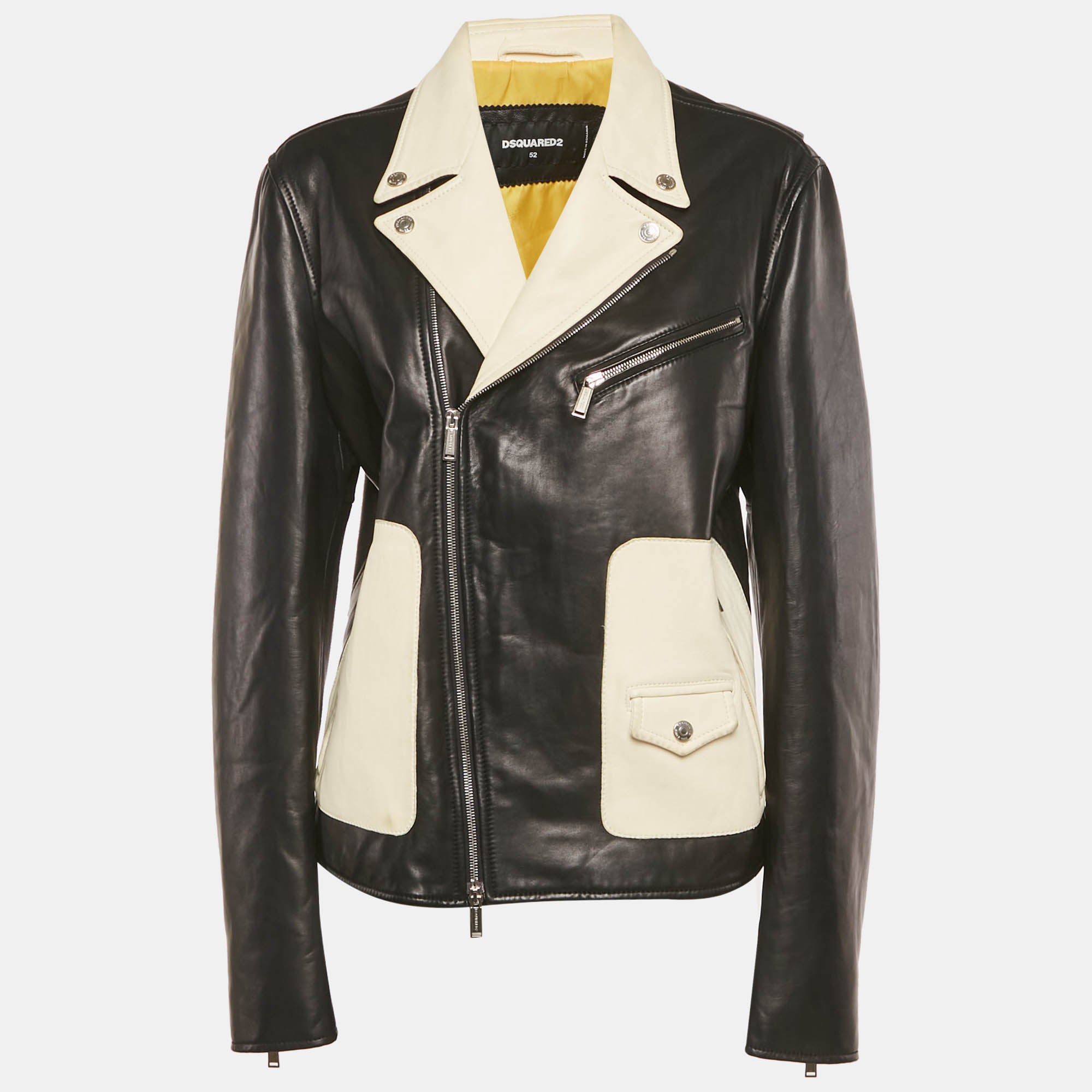 Dsquared2 Black-White Leather Biker Jacket XL