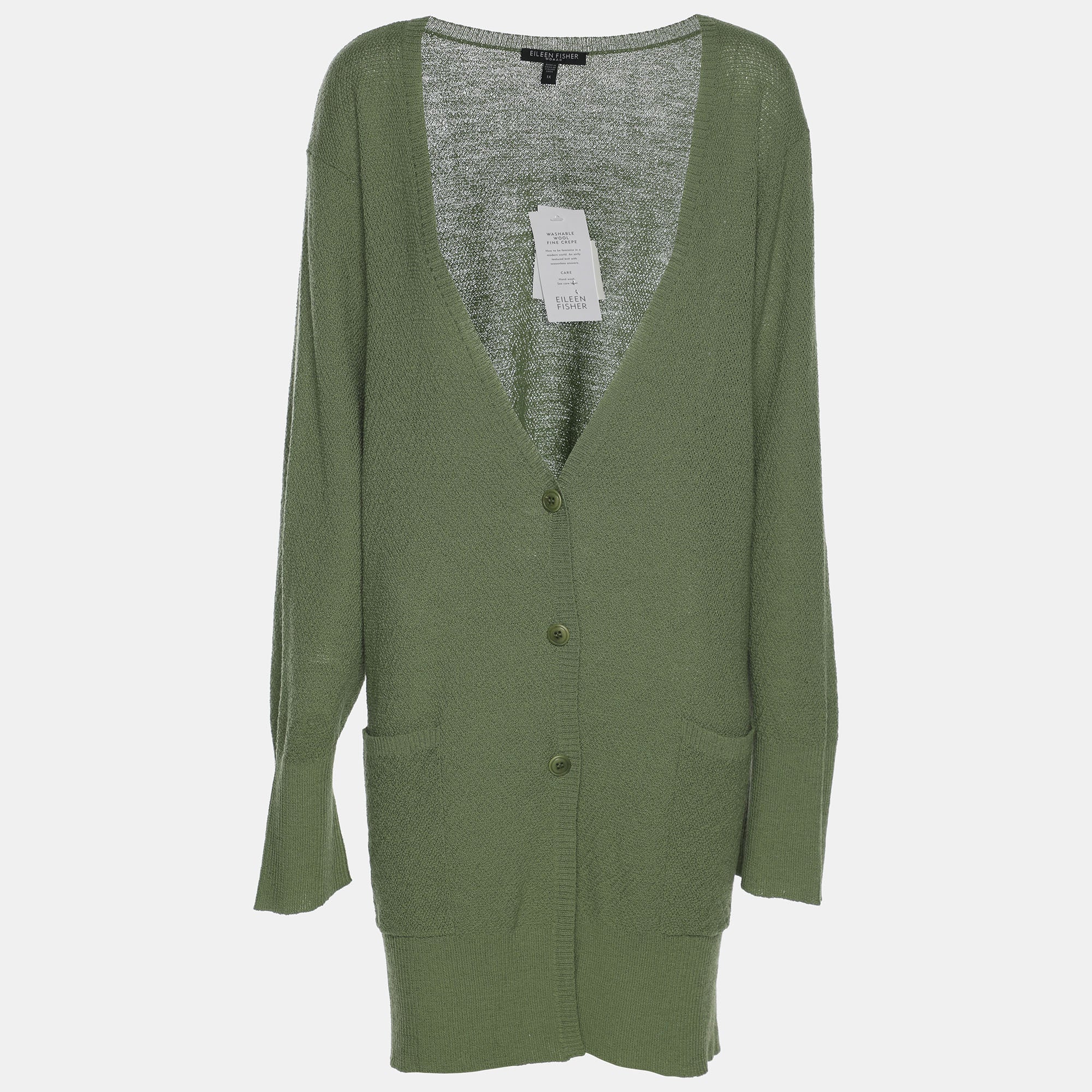 Eileen Fisher Green Knit Wool Cardigan XXL