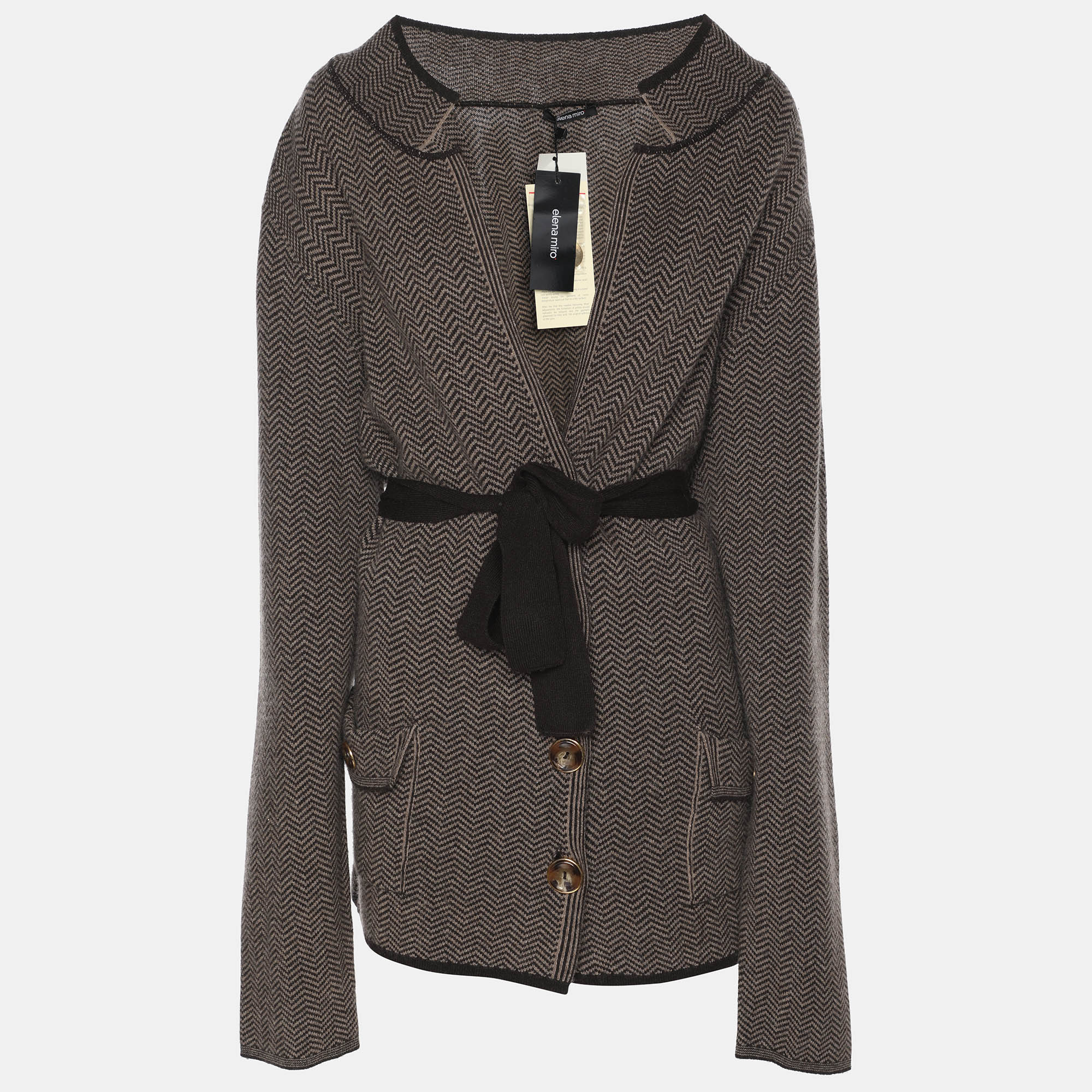 Elena Miro Brown Rib Knit Wool Belted Cardigan L