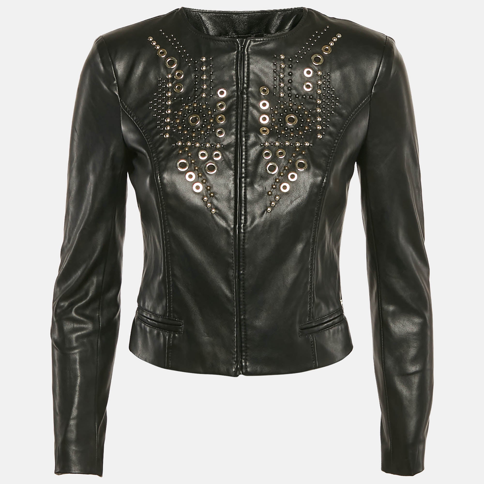 Elisabetta Franchi Black Studded Faux Leather Biker Jacket S